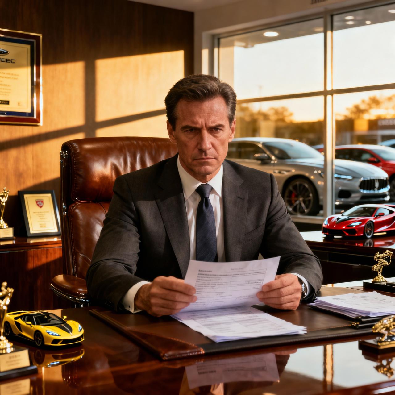 A sharply dressed automotive general manager in a tailored suit and tie sits upright behind his expansive mahogany desk in a luxurious dealership office, his expression professional yet gravely serious as he leans forward to deliver news of missing data and reports. Polished leather accents, gleaming awards, and scale models of exotic cars fill the opulent space with large windows revealing premium vehicles outside, under warm golden-hour lighting with dramatic side shadows on his resolute face. Cinematic close-up portrait, shallow depth of field bokeh background, rich earth tones, subtle film grain. The general manager should be ultra realistic so a viewer believes he is a real human being.
