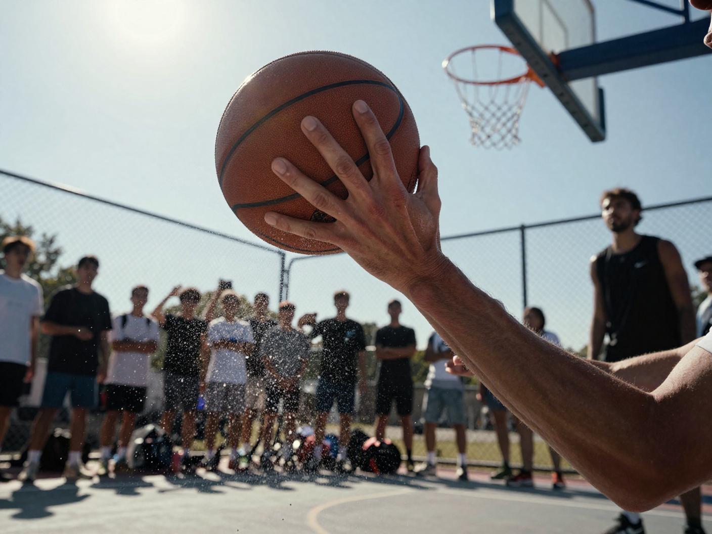 === Scene ===

Tone: generate an 8-second, hyper-realistic, seamlessly looping video capturing the raw power and physics of a single moment in a street basketball game, rendered in extreme slow motion., {"type":"High-speed sports cinematography, played back in extreme slow motion","duration_seconds":8,"looping":"true, seamless loop","pacing":"Intense, powerful, and dramatic. The slow motion turns a split-second action into a detailed ballet of force.","animated_elements":[{"element":"Ball Impact and Deformation","description":"The primary animation. A defender's hand forcefully impacts the top of a basketball. In slow motion, we see the defender's fingers digging into the pebbled leather, the ball visibly compressing and deforming under the force. The ball's backspin momentarily stops and reverses as it's knocked away. This entire impact and recoil sequence forms the loop."},{"element":"Sweat and Particle Dynamics","description":"The explosive impact sends a fine spray of sweat droplets flying from both the hand and the ball's surface. The droplets hang in the air like tiny jewels in the bright sun. Dust and microscopic rubber particles from the court are kicked up by the motion."},{"element":"Anatomical Realism","description":"The muscles and tendons in the defender's forearm and hand are seen contracting with extreme force. Veins bulge on the skin's surface. The skin on the fingertips whitens from the pressure against the ball."},{"element":"Background Motion","description":"Through the chain-link fence in the deep background, the blurred figures of spectators are seen reacting to the play, their movements also in slow motion, adding to the atmosphere."}]}, {"style":"Hyperrealistic, gritty sports documentary style, emulating the aesthetic of a high-end Nike commercial or a feature film.","camera_setup":{"camera":"Phantom VEO 4K High-Speed Camera","lens":"100mm Telephoto Prime Lens","perspective":"Static, locked-down shot from a very low angle, looking up at the point of impact. This heroic angle makes the action feel monumental and powerful.","description":"The sun is high in the sky, creating high-contrast, sharp-edged shadows. This intense light creates brilliant specular highlights on the sweat-glistened skin and the curved surface of the basketball, emphasizing every texture."},"composition":{"framing":"A tight, dynamic composition focused entirely on the collision between the hand and the ball. The chain-link fence in the background creates a gritty, geometric pattern that cages the action."}}

=== Subject ===

Description: {"base_subject":"An extreme close-up, slow-motion shot of a hand blocking a basketball at the apex of a shot on an iconic urban court.","key_details":[{"element":"The Hand and Arm","description":"The hand of a highly athletic basketball player. The skin glistens with a realistic sheen of sweat, and we can clearly see skin pores, calluses, and the fine lines of the knuckles. The hand is powerful and expressive."},{"element":"The Basketball","description":"A well-worn, official Spalding basketball. The pebbled texture is rendered in extreme detail, with dirt and scuff marks lodged in the grooves. The printed logos are slightly faded from use."},{"element":"The Environment","description":"The background is the iconic, green, tight-mesh chain-link fence of 'The Cage'. The fence is slightly rusted in places. Through the links, the blurred shapes of spectators and the red brick of surrounding Village buildings are visible."}]}