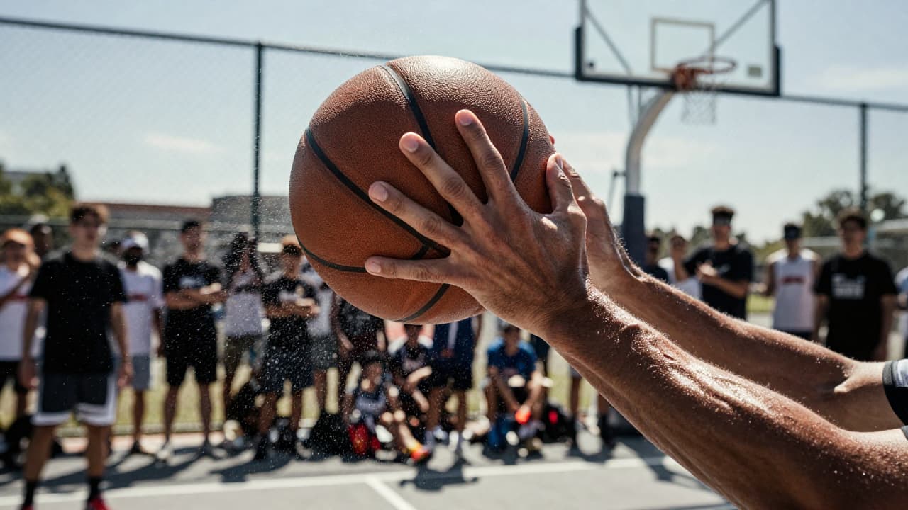 === Scene ===

Tone: generate an 8-second, hyper-realistic, seamlessly looping video capturing the raw power and physics of a single moment in a street basketball game, rendered in extreme slow motion., {"type":"High-speed sports cinematography, played back in extreme slow motion","duration_seconds":8,"looping":"true, seamless loop","pacing":"Intense, powerful, and dramatic. The slow motion turns a split-second action into a detailed ballet of force.","animated_elements":[{"element":"Ball Impact and Deformation","description":"The primary animation. A defender's hand forcefully impacts the top of a basketball. In slow motion, we see the defender's fingers digging into the pebbled leather, the ball visibly compressing and deforming under the force. The ball's backspin momentarily stops and reverses as it's knocked away. This entire impact and recoil sequence forms the loop."},{"element":"Sweat and Particle Dynamics","description":"The explosive impact sends a fine spray of sweat droplets flying from both the hand and the ball's surface. The droplets hang in the air like tiny jewels in the bright sun. Dust and microscopic rubber particles from the court are kicked up by the motion."},{"element":"Anatomical Realism","description":"The muscles and tendons in the defender's forearm and hand are seen contracting with extreme force. Veins bulge on the skin's surface. The skin on the fingertips whitens from the pressure against the ball."},{"element":"Background Motion","description":"Through the chain-link fence in the deep background, the blurred figures of spectators are seen reacting to the play, their movements also in slow motion, adding to the atmosphere."}]}, {"style":"Hyperrealistic, gritty sports documentary style, emulating the aesthetic of a high-end Nike commercial or a feature film.","camera_setup":{"camera":"Phantom VEO 4K High-Speed Camera","lens":"100mm Telephoto Prime Lens","perspective":"Static, locked-down shot from a very low angle, looking up at the point of impact. This heroic angle makes the action feel monumental and powerful.","description":"The sun is high in the sky, creating high-contrast, sharp-edged shadows. This intense light creates brilliant specular highlights on the sweat-glistened skin and the curved surface of the basketball, emphasizing every texture."},"composition":{"framing":"A tight, dynamic composition focused entirely on the collision between the hand and the ball. The chain-link fence in the background creates a gritty, geometric pattern that cages the action."}}

=== Subject ===

Description: {"base_subject":"An extreme close-up, slow-motion shot of a hand blocking a basketball at the apex of a shot on an iconic urban court.","key_details":[{"element":"The Hand and Arm","description":"The hand of a highly athletic basketball player. The skin glistens with a realistic sheen of sweat, and we can clearly see skin pores, calluses, and the fine lines of the knuckles. The hand is powerful and expressive."},{"element":"The Basketball","description":"A well-worn, official Spalding basketball. The pebbled texture is rendered in extreme detail, with dirt and scuff marks lodged in the grooves. The printed logos are slightly faded from use."},{"element":"The Environment","description":"The background is the iconic, green, tight-mesh chain-link fence of 'The Cage'. The fence is slightly rusted in places. Through the links, the blurred shapes of spectators and the red brick of surrounding Village buildings are visible."}]}