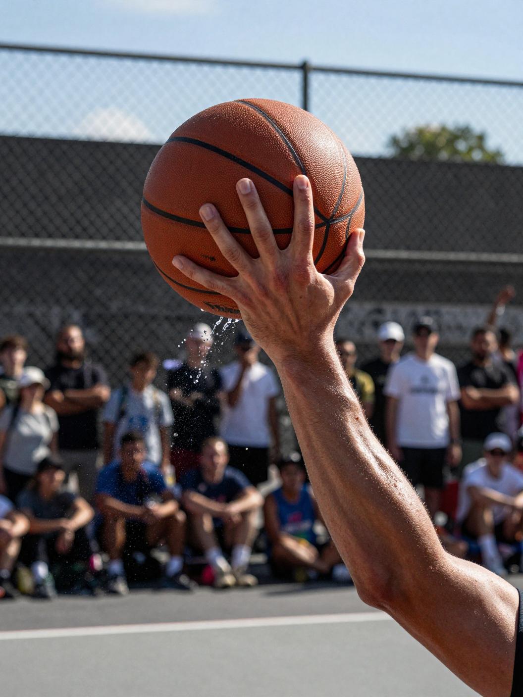 === Scene ===

Tone: generate an 8-second, hyper-realistic, seamlessly looping video capturing the raw power and physics of a single moment in a street basketball game, rendered in extreme slow motion., {"type":"High-speed sports cinematography, played back in extreme slow motion","duration_seconds":8,"looping":"true, seamless loop","pacing":"Intense, powerful, and dramatic. The slow motion turns a split-second action into a detailed ballet of force.","animated_elements":[{"element":"Ball Impact and Deformation","description":"The primary animation. A defender's hand forcefully impacts the top of a basketball. In slow motion, we see the defender's fingers digging into the pebbled leather, the ball visibly compressing and deforming under the force. The ball's backspin momentarily stops and reverses as it's knocked away. This entire impact and recoil sequence forms the loop."},{"element":"Sweat and Particle Dynamics","description":"The explosive impact sends a fine spray of sweat droplets flying from both the hand and the ball's surface. The droplets hang in the air like tiny jewels in the bright sun. Dust and microscopic rubber particles from the court are kicked up by the motion."},{"element":"Anatomical Realism","description":"The muscles and tendons in the defender's forearm and hand are seen contracting with extreme force. Veins bulge on the skin's surface. The skin on the fingertips whitens from the pressure against the ball."},{"element":"Background Motion","description":"Through the chain-link fence in the deep background, the blurred figures of spectators are seen reacting to the play, their movements also in slow motion, adding to the atmosphere."}]}, {"style":"Hyperrealistic, gritty sports documentary style, emulating the aesthetic of a high-end Nike commercial or a feature film.","camera_setup":{"camera":"Phantom VEO 4K High-Speed Camera","lens":"100mm Telephoto Prime Lens","perspective":"Static, locked-down shot from a very low angle, looking up at the point of impact. This heroic angle makes the action feel monumental and powerful.","description":"The sun is high in the sky, creating high-contrast, sharp-edged shadows. This intense light creates brilliant specular highlights on the sweat-glistened skin and the curved surface of the basketball, emphasizing every texture."},"composition":{"framing":"A tight, dynamic composition focused entirely on the collision between the hand and the ball. The chain-link fence in the background creates a gritty, geometric pattern that cages the action."}}

=== Subject ===

Description: {"base_subject":"An extreme close-up, slow-motion shot of a hand blocking a basketball at the apex of a shot on an iconic urban court.","key_details":[{"element":"The Hand and Arm","description":"The hand of a highly athletic basketball player. The skin glistens with a realistic sheen of sweat, and we can clearly see skin pores, calluses, and the fine lines of the knuckles. The hand is powerful and expressive."},{"element":"The Basketball","description":"A well-worn, official Spalding basketball. The pebbled texture is rendered in extreme detail, with dirt and scuff marks lodged in the grooves. The printed logos are slightly faded from use."},{"element":"The Environment","description":"The background is the iconic, green, tight-mesh chain-link fence of 'The Cage'. The fence is slightly rusted in places. Through the links, the blurred shapes of spectators and the red brick of surrounding Village buildings are visible."}]}