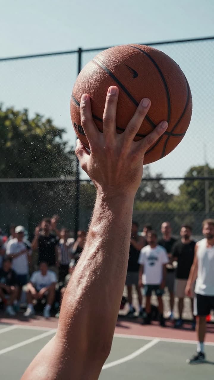 === Scene ===

Tone: generate an 8-second, hyper-realistic, seamlessly looping video capturing the raw power and physics of a single moment in a street basketball game, rendered in extreme slow motion., {"type":"High-speed sports cinematography, played back in extreme slow motion","duration_seconds":8,"looping":"true, seamless loop","pacing":"Intense, powerful, and dramatic. The slow motion turns a split-second action into a detailed ballet of force.","animated_elements":[{"element":"Ball Impact and Deformation","description":"The primary animation. A defender's hand forcefully impacts the top of a basketball. In slow motion, we see the defender's fingers digging into the pebbled leather, the ball visibly compressing and deforming under the force. The ball's backspin momentarily stops and reverses as it's knocked away. This entire impact and recoil sequence forms the loop."},{"element":"Sweat and Particle Dynamics","description":"The explosive impact sends a fine spray of sweat droplets flying from both the hand and the ball's surface. The droplets hang in the air like tiny jewels in the bright sun. Dust and microscopic rubber particles from the court are kicked up by the motion."},{"element":"Anatomical Realism","description":"The muscles and tendons in the defender's forearm and hand are seen contracting with extreme force. Veins bulge on the skin's surface. The skin on the fingertips whitens from the pressure against the ball."},{"element":"Background Motion","description":"Through the chain-link fence in the deep background, the blurred figures of spectators are seen reacting to the play, their movements also in slow motion, adding to the atmosphere."}]}, {"style":"Hyperrealistic, gritty sports documentary style, emulating the aesthetic of a high-end Nike commercial or a feature film.","camera_setup":{"camera":"Phantom VEO 4K High-Speed Camera","lens":"100mm Telephoto Prime Lens","perspective":"Static, locked-down shot from a very low angle, looking up at the point of impact. This heroic angle makes the action feel monumental and powerful.","description":"The sun is high in the sky, creating high-contrast, sharp-edged shadows. This intense light creates brilliant specular highlights on the sweat-glistened skin and the curved surface of the basketball, emphasizing every texture."},"composition":{"framing":"A tight, dynamic composition focused entirely on the collision between the hand and the ball. The chain-link fence in the background creates a gritty, geometric pattern that cages the action."}}

=== Subject ===

Description: {"base_subject":"An extreme close-up, slow-motion shot of a hand blocking a basketball at the apex of a shot on an iconic urban court.","key_details":[{"element":"The Hand and Arm","description":"The hand of a highly athletic basketball player. The skin glistens with a realistic sheen of sweat, and we can clearly see skin pores, calluses, and the fine lines of the knuckles. The hand is powerful and expressive."},{"element":"The Basketball","description":"A well-worn, official Spalding basketball. The pebbled texture is rendered in extreme detail, with dirt and scuff marks lodged in the grooves. The printed logos are slightly faded from use."},{"element":"The Environment","description":"The background is the iconic, green, tight-mesh chain-link fence of 'The Cage'. The fence is slightly rusted in places. Through the links, the blurred shapes of spectators and the red brick of surrounding Village buildings are visible."}]}