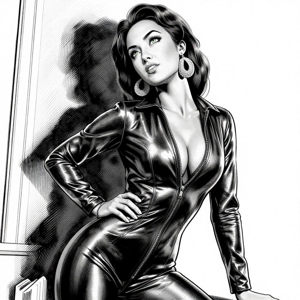An illustration in the style of BWcomix featuring TOKALEMAP wearing a shiny black leather jumpsuit, unzipped to reveal cleavage. She has a sultry, alluring look. The scene is rendered in high contrast dramatic lighting, with sharp shadows and bright highlights to enhance the texture and sheen of the leather. The artwork is characterized by comic inked lines and strokes, emphasizing contours and details. An intimate, close-up composition with a slightly low camera angle captures her confident and seductive pose. The background is minimalistic to keep the focus on Salma, creating a striking and enticing atmosphere. No signature. Empty white background a photo of a woman with dark hair and green eyes