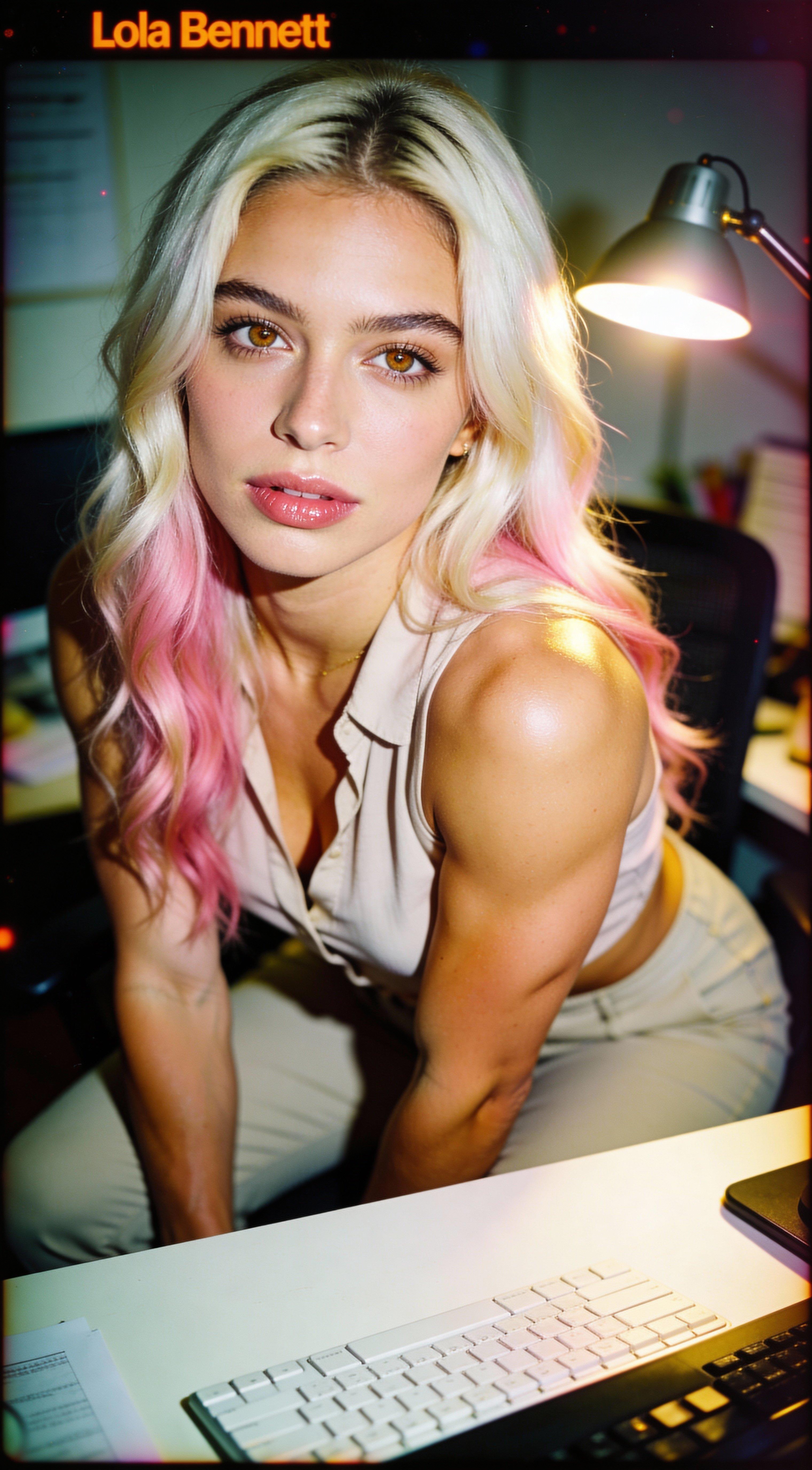 close-up of “Lola Bennett”, wearing a simple blouse and pants, at desk, blurry home office background, American origin, focused face, full body portrait, beautiful, 24 years old, (natural makeup, natural eyebrows, natural lips:1.3), glowing golden skin, high energy, long wavy platinum blonde hair and a hint of pink, natural textured skin, looking at viewer, hyperdetailed, analog photo, seated posture, ultra detailed hazel eyes, glossy lips, athletic body, soft shadows, desk lamp lighting, candid photo style, photorealistic, cinematic, hyperrealist, photo noise, film grain, smartphone flash photo, shot on Kodak Funsaver, amateur selfie aesthetic, slightly underexposed, r/amateur vibe, lowres look, authentic snapshot feel, dreamy haze, natural skin texture, grain, noise, textures