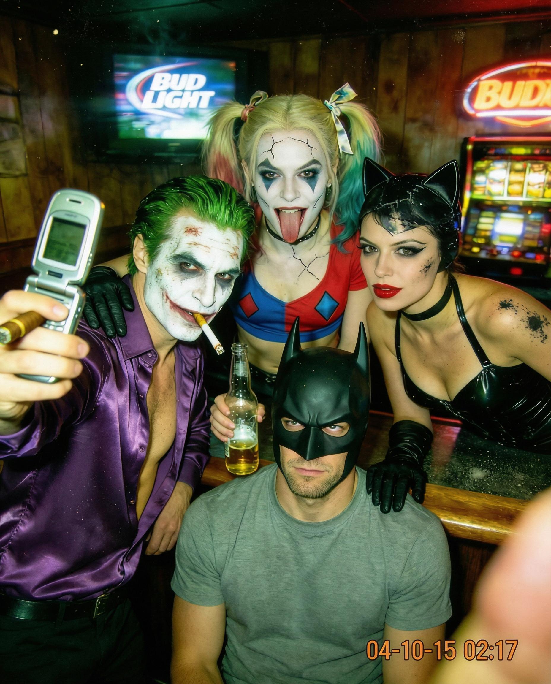 Realistic flash photography of four cosplayers in a bar. Keep exact same subject, pose, composition. Replace the melted device with a structurally accurate vintage flip phone with distinct keypad buttons and correct screen placement. Fix the hand holding the beer bottle to have distinct fingers wrapping naturally around a symmetrical, unwarped glass bottle. Render authentic skin texture with pores and realistic subsurface scattering, removing the plastic sheen. Remove the cigar from the hand to resolve the double-smoking logic error.