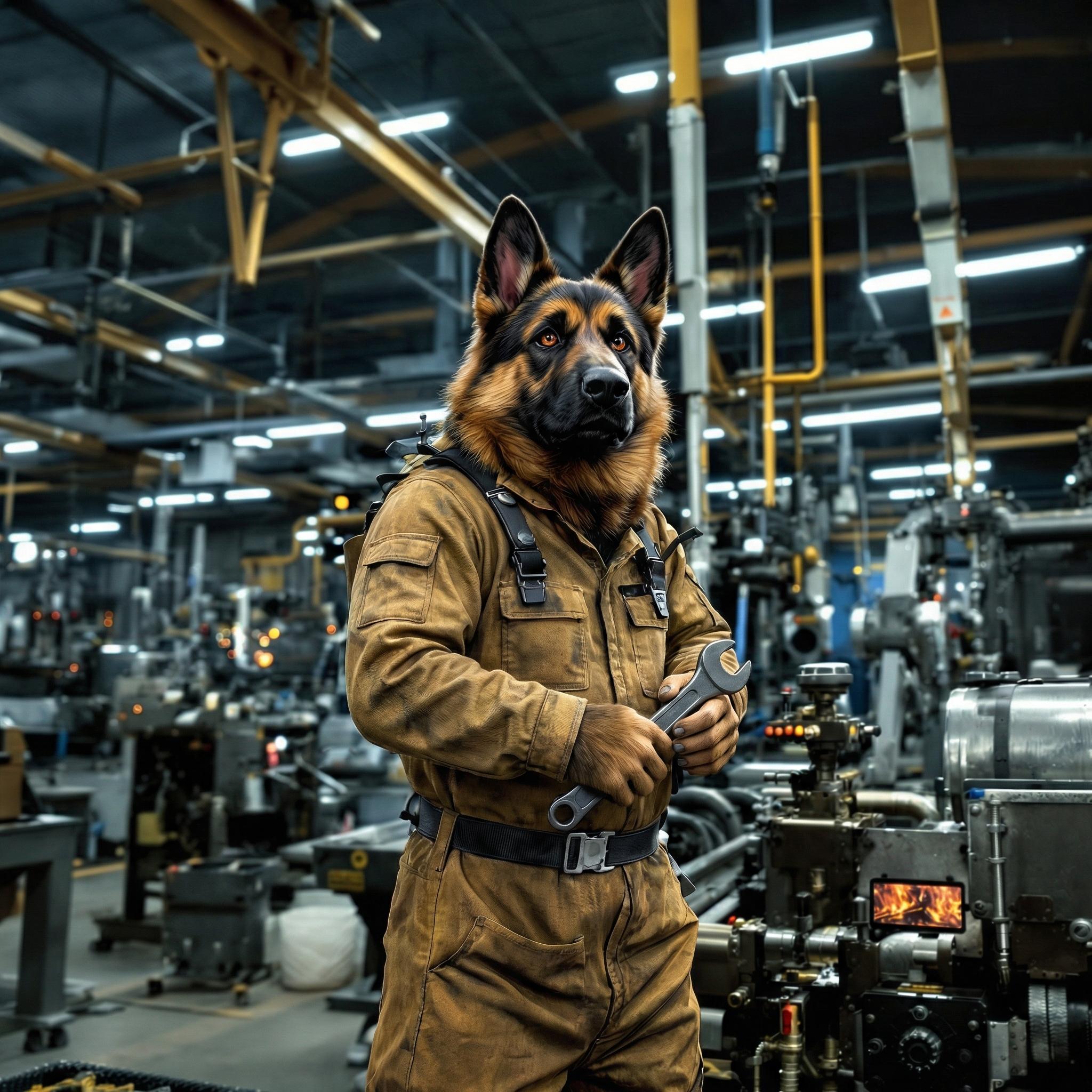 Keep exact same subject, pose, composition. Render distinct, anatomically correct anthropomorphic hands firmly gripping a realistic, standard industrial wrench. Ensure the wrench has a defined metal texture separate from the fur. Clarify background machinery with logical structural connections and pipes. Match eye reflections to the cool white overhead factory lights.