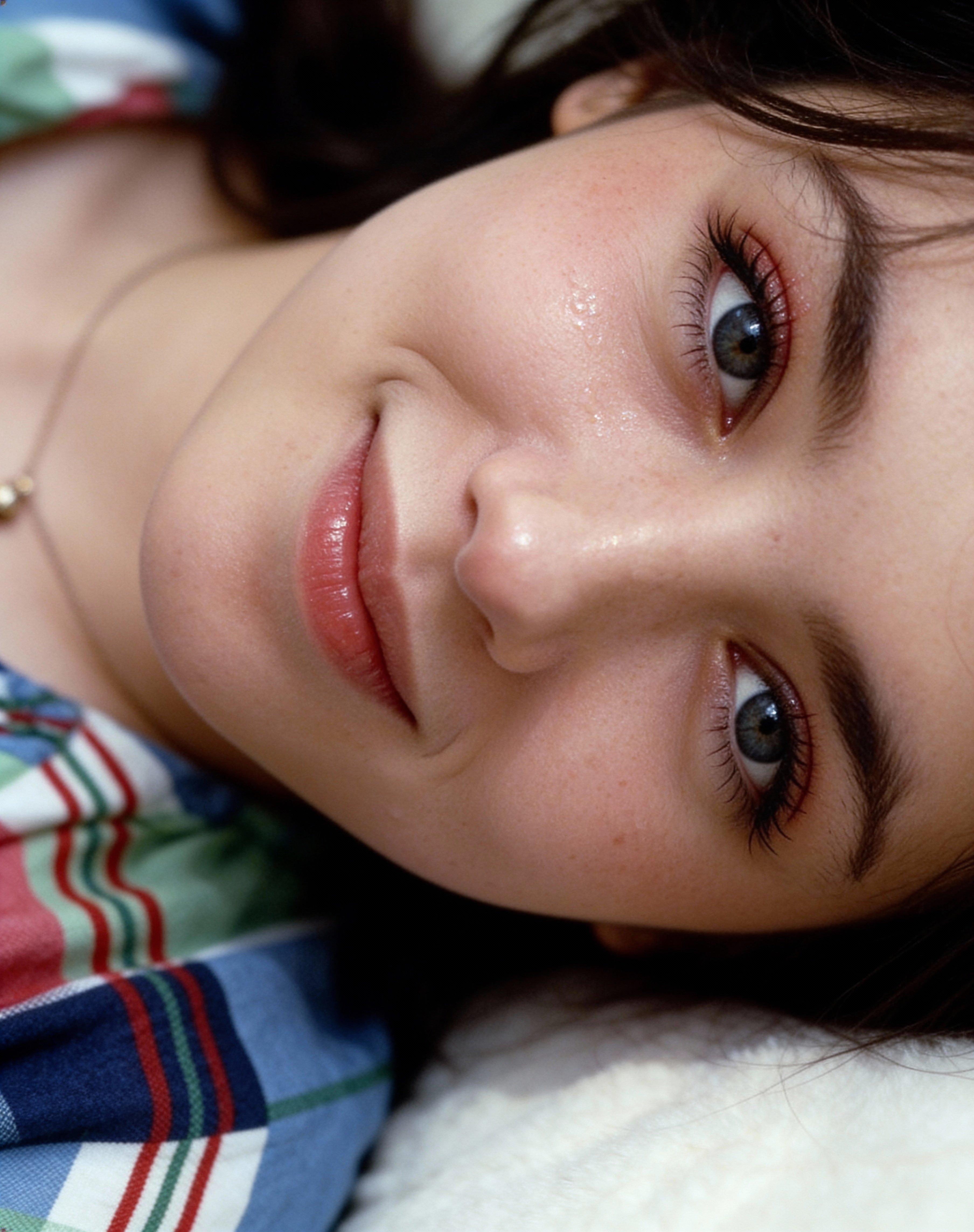 (Core Subject:
A super-realistic photographic headshot of a woman,  lying on their side, head resting against a soft surface, face oriented sideways toward the camera, eyes open and calm, gaze gentle and unfocused, expression relaxed and quietly happy, lips softly closed with a faint natural smile, posture still and restful, framing tightly focused on the face with minimal background detail :1.6)

(Appearance & FX:
extremely detailed natural skin texture with visible pores and fine peach fuzz, cheeks and nose (slightly flushed, eyes mildly reddened from recent crying :1.4), faint moisture pooled just beneath the lower eyelids, subtle tear residue clinging to the waterline without streaking, eyelashes lightly damp and slightly clumped, sclera showing gentle redness consistent with emotion, lips naturally full with soft texture, skin showing a slight dewy sheen from emotion rather than sweat, no makeup polish or smoothing :1.8)

(Lighting & Mood:
soft diffused indoor lighting with gentle highlights across the cheek and lower eyelid, no harsh shadows, light wraps smoothly around facial contours, reflections in the eyes remain soft and natural, mood feels intimate, tender, and emotionally warm rather than sad :1.5)

(Composition & Camera Settings:
tight close-up headshot captured from above at a slight angle, camera aligned with the face as it rests sideways, shallow depth of field isolating the eyes and lips, background falling softly out of focus, 85mm lens, aperture f/1.8, ISO 200, high-resolution photographic capture prioritizing micro-expression and eye detail :1.4)

(Style & Aesthetic:
ultra-realistic fine-art portrait photography, natural color rendering with restrained contrast, editorial realism, minimal processing, image feels like a private candid moment rather than a posed portrait :1.2)

(Stabilization Anchors:
accurate eye redness without exaggeration, realistic tear moisture behavior, natural skin tones, sharp eye focus, smooth tonal transitions, no stylization or artificial glow :1.1)

(Emotional Anchors:
recent emotion expressed through watery eyes and flushed skin, happiness conveyed through relaxed facial muscles and subtle softness in the mouth and gaze, presence feels relieved, loved, and quietly joyful, viewer senses emotional resolution rather than distress :1.1) (edited with Seedream 4.5) (edited with Seedream 4.5)