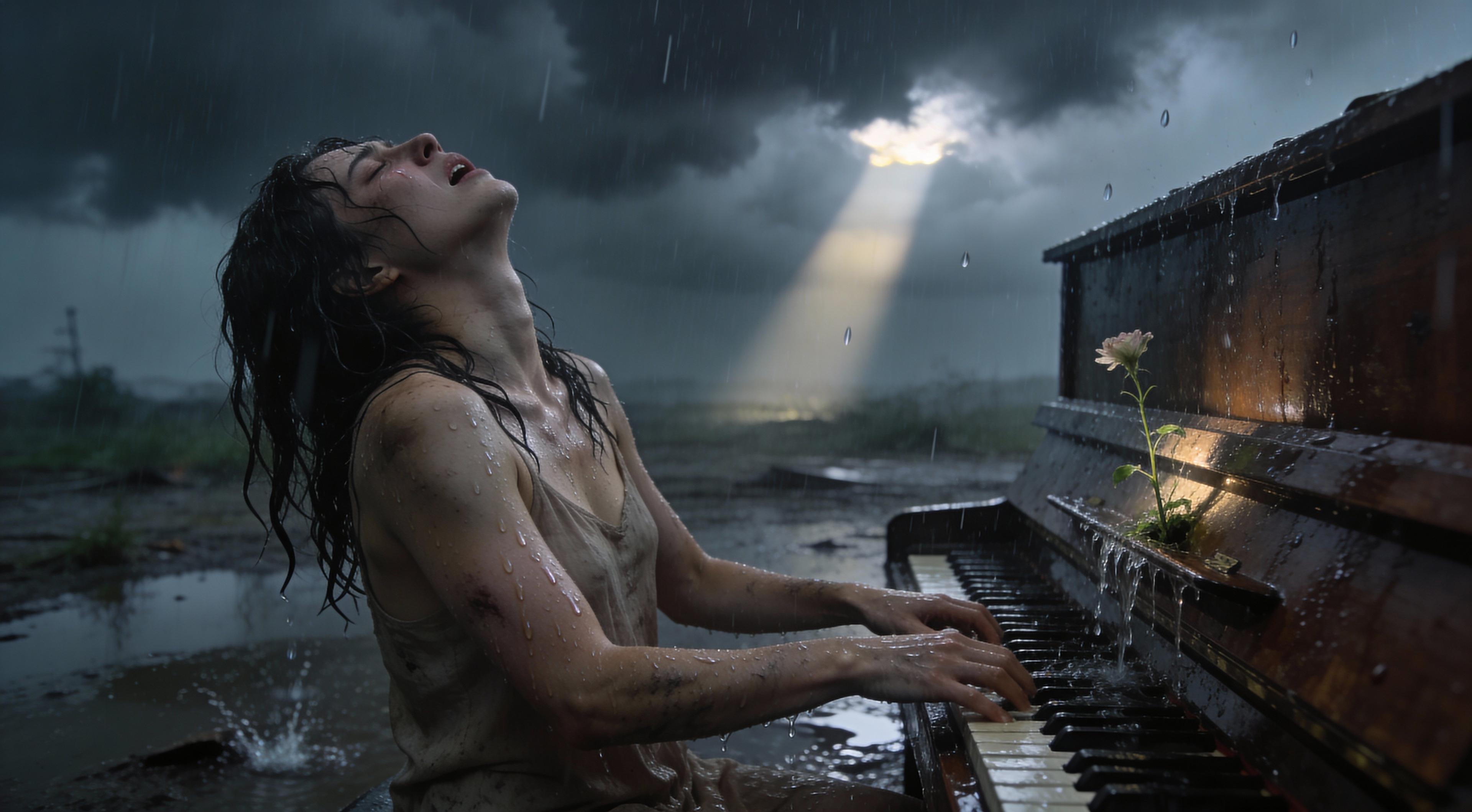 (Core Subject:
Amber EMAR98765, A cinematic still-frame scene set at near darkness beneath heavy storm clouds, a woman seated at an upright piano in an open outdoor space, her body leaning into the instrument as she plays, head arched back in anguish, eyes closed, (mouth slightly open crying :1.3), posture intense and desperate, hands pressing into the keys as if her life depends on the music :1.7)

(Appearance & Wardrobe:
the woman is bare, dirty, naked, fully soaked through by heavy rain, her skin completely drenched with visible droplets streaming down her arms, neck, and shoulders, hair wet and disordered, strands plastered to her face and collarbone, no makeup polish, raw and unguarded presence :1.6)
(masterpiece, best quality, highres, sharp image, more detail, masterpiece, best quality, highres, sharp image, more detaiL)

(Environment & Atmosphere:
dark grey storm clouds fill the sky, rain falling hard and relentlessly, thick sheets of water striking the ground and the piano, puddles forming and splashing, the piano itself drenched with water cascading off the keys and wooden body, a single fragile beam of remaining sunlight breaks through the clouds, barely illuminating a small flower growing up through the piano’s structure, the flower trembling under rain but still alive :1.7)

(Lighting & Mood:
low-light storm conditions with deep shadows and muted contrast, one narrow shaft of pale sunlight cutting diagonally through the darkness, spotlighting the flower and part of the piano, everything else remains dim and cold, lighting emphasizes sorrow, devotion, and defiance against despair :1.6)

(Composition & Camera Settings:
locked-off cinematic still shot, medium-wide framing, woman and piano centered with negative space above and around, rain frozen mid-fall with subtle motion blur on distant droplets, shallow depth of field prioritizing the woman and piano, 35mm lens, aperture f/2.8, ISO 400, cinematic shutter balance capturing rain texture :1.4)

(Style & Aesthetic:
cinematic realism with dramatic emotional weight, restrained color palette of greys, charcoal blues, and washed whites, no stylization or fantasy effects, image feels like a single devastating frame from an arthouse film :1.3)

(Stabilization Anchors:
realistic rain physics and water behavior, accurate wet fabric interaction, natural skin sheen from rain only, no glow, no fantasy lighting, no text or symbols, physical realism preserved :1.2)

(Emotional Anchors:
unfiltered grief expressed through body tension and posture, music as survival rather than performance, contrast between destruction and fragile beauty embodied by the flower, viewer feels sorrow, catharsis, and quiet reverence :1.2)