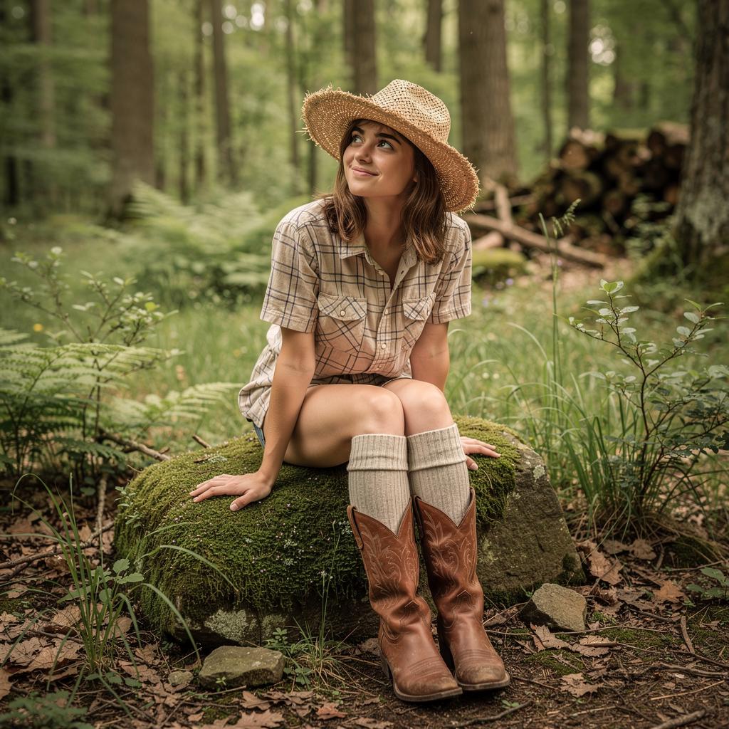 (Core Subject:
A high-quality photographic portrait of a young woman seated outdoors on a mossy rock in a forest clearing, body angled slightly inward with knees drawn close, hands resting lightly beside her for balance, shoulders subtly tucked in, expression shy and playful with a soft closed-mouth smile, eyes glancing upward with gentle curiosity rather than direct confidence, posture conveys bashfulness and warmth :1.6)

(Appearance & Wardrobe:
natural youthful appearance with minimal styling, wearing a simple short-sleeve plaid shirt, knee-high socks tucked into worn leather cowboy boots, boots lightly scuffed with natural creases and dust from the ground, a straw hat resting loosely on her head, clothing casual and practical, fabric showing natural folds and wear, hair worn simply with loose strands framing the face, no makeup polish or glamour :1.6)

(Environment & Atmosphere:
lush forest setting with soft greenery, trees and undergrowth forming a quiet natural backdrop, hints of a woodland clearing nearby, ground textured with leaves, grass, and stone, tiny faint dust motes floating in the air, visible only where sunlight filters through the trees, atmosphere calm, nostalgic, and summery :1.7)

(Lighting & Mood:
soft diffused daylight filtered through tree canopy, gentle sunbeams cutting through branches, natural HDR lighting preserving detail in highlights and shadows, dust motes softly illuminated without sparkle or glow, warm tones balanced with cool greens, mood is gentle, innocent, and quietly joyful :1.6)

(Composition & Camera Settings:
medium portrait framing at seated eye level, subject centered but slightly offset for natural balance, shallow depth of field softly separating subject from background, 50mm lens, aperture f/2.8, ISO 100, high-resolution HDR capture maintaining true-to-life color and texture :1.4)

(Style & Aesthetic:
ultra-realistic lifestyle photography with subtle vintage warmth, natural color grading, restrained contrast, no stylization, image feels like a candid summer memory rather than a posed shoot :1.2)

(Stabilization Anchors:
accurate body proportions, natural posture and clothing behavior, realistic leather texture on boots, believable dust particle behavior in sunlight, natural skin tones, no exaggeration or idealization, no artificial glow or effects :1.2)

(Emotional Anchors:
cuteness expressed through posture and expression rather than pose, shyness conveyed by inward body language and gentle smile, demure presence that feels safe, warm, and genuine, viewer experiences comfort, nostalgia, and quiet happiness :1.1)