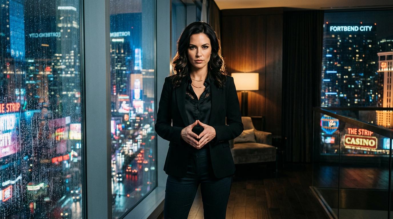 Medium shot nighttime in a luxury penthouse in FortBend City it is a mix of Las Vegas and New York city, rain-blurred cityscape through window in background, dramatic side lighting accentuating sharp cheekbones and stormy eyes filled with resolve, Skylar Fox in professional but sexy outfit stands with hands clasped gesturing subtly.