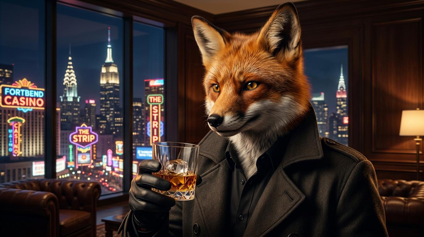 Close-up nighttime in a luxury penthouse in FortBend City it is a mix of Las Vegas and New York city, elegant interior with scotch glass in foreground, warm low-key lighting highlighting confident smirk, Handy in trench coat with poised glass of scotch gazes towards off-camera with assured expression.