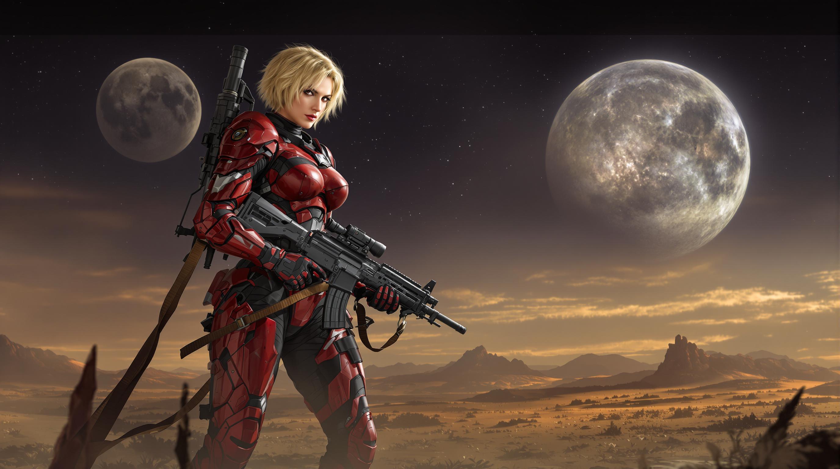 A half body shot of a beautiful woman with short blonde hair in the style of luis royo.She is wearing red and black battle armor.She is holding an assault rifle.she is on a alien planet with two moons.