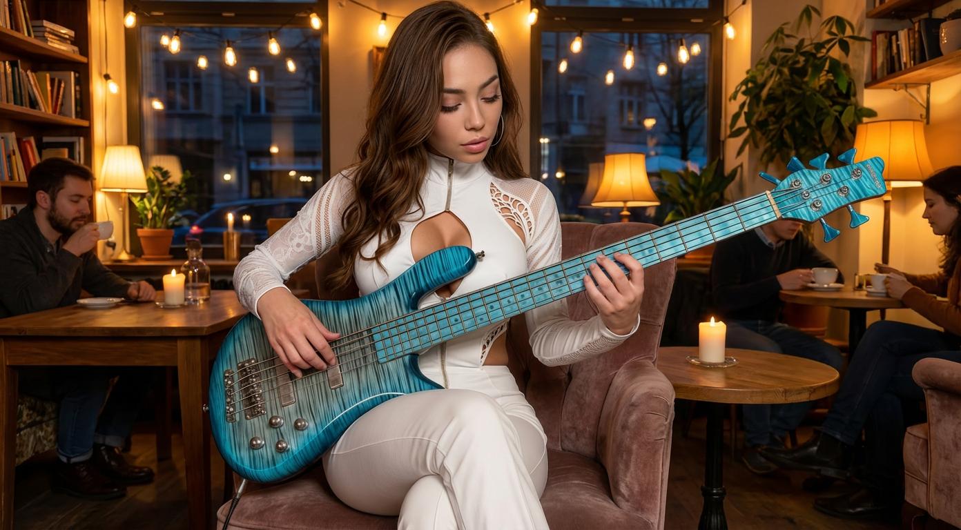 Cafe evening, warm ambient lighting, cozy interior