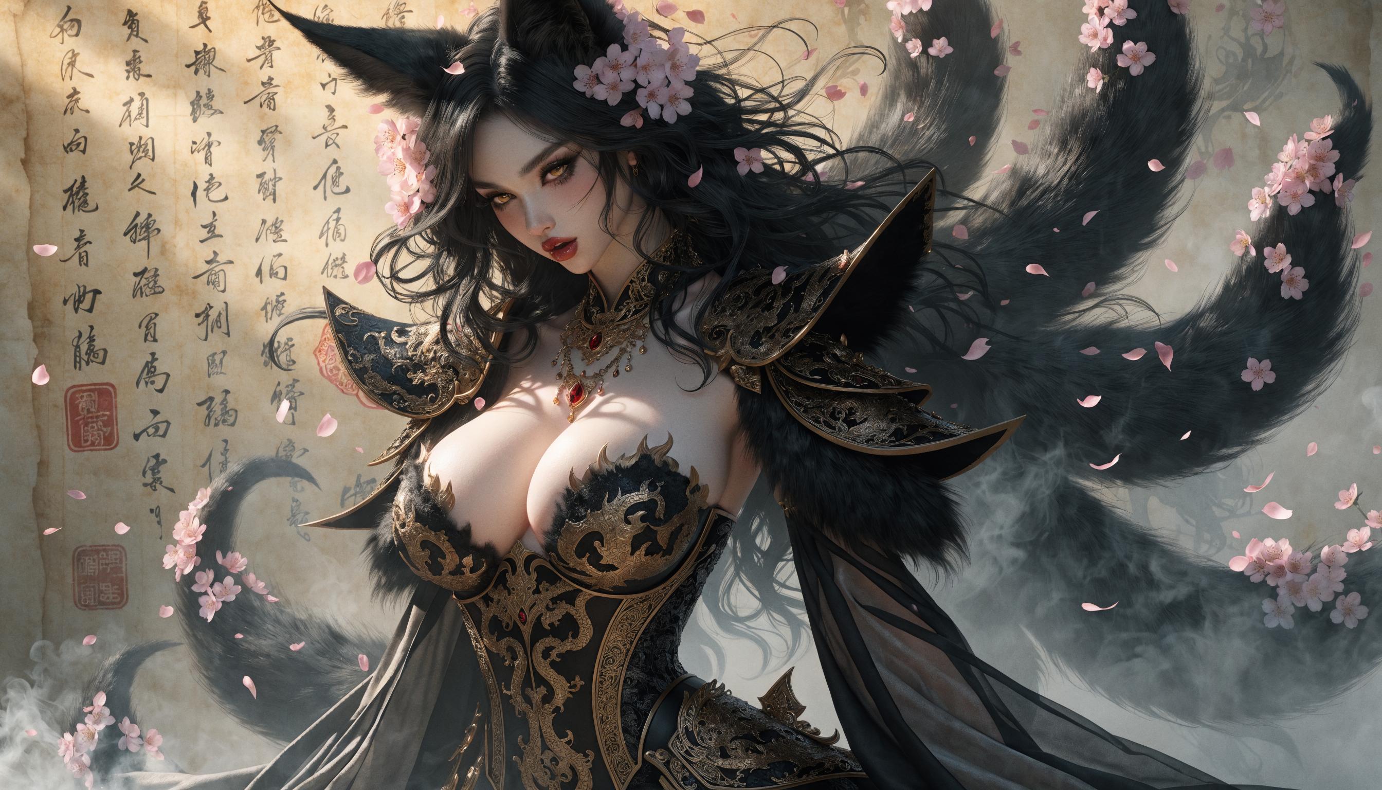 highly detailed cinematic portrait of a seductive East Asian kitsune demoness with fox ears and nine flowing black fox tails adorned with pink cherry blossoms, sharp fox-like golden eyes with heavy smoky eyeliner and long lashes, full glossy red lips in a sultry pout, flawless porcelain skin with subtle blush, long wavy raven-black hair cascading wildly with embedded sakura petals, intricate gold necklace with ruby pendant nestled in deep cleavage, wearing ornate ancient Chinese-inspired fantasy armor: elaborate black and gold filigree corset top with engraved dragon motifs exposing ample voluptuous breasts, asymmetrical shoulder pauldrons with fur trim, semi-transparent flowing silk sleeves, background of aged yellowed rice paper scroll unrolled vertically with bold black Chinese calligraphy poetry and red wax seals, swirling pink cherry blossoms and misty fog in soft golden hour lighting, dramatic chiaroscuro shadows, hyper-realistic 8K digital render in the style of Sakimichan and WLOP, masterpiece, ultra-detailed textures, volumetric god rays, intricate metallic reflections, sensual atmosphere, high dynamic range, photorealistic fantasy art