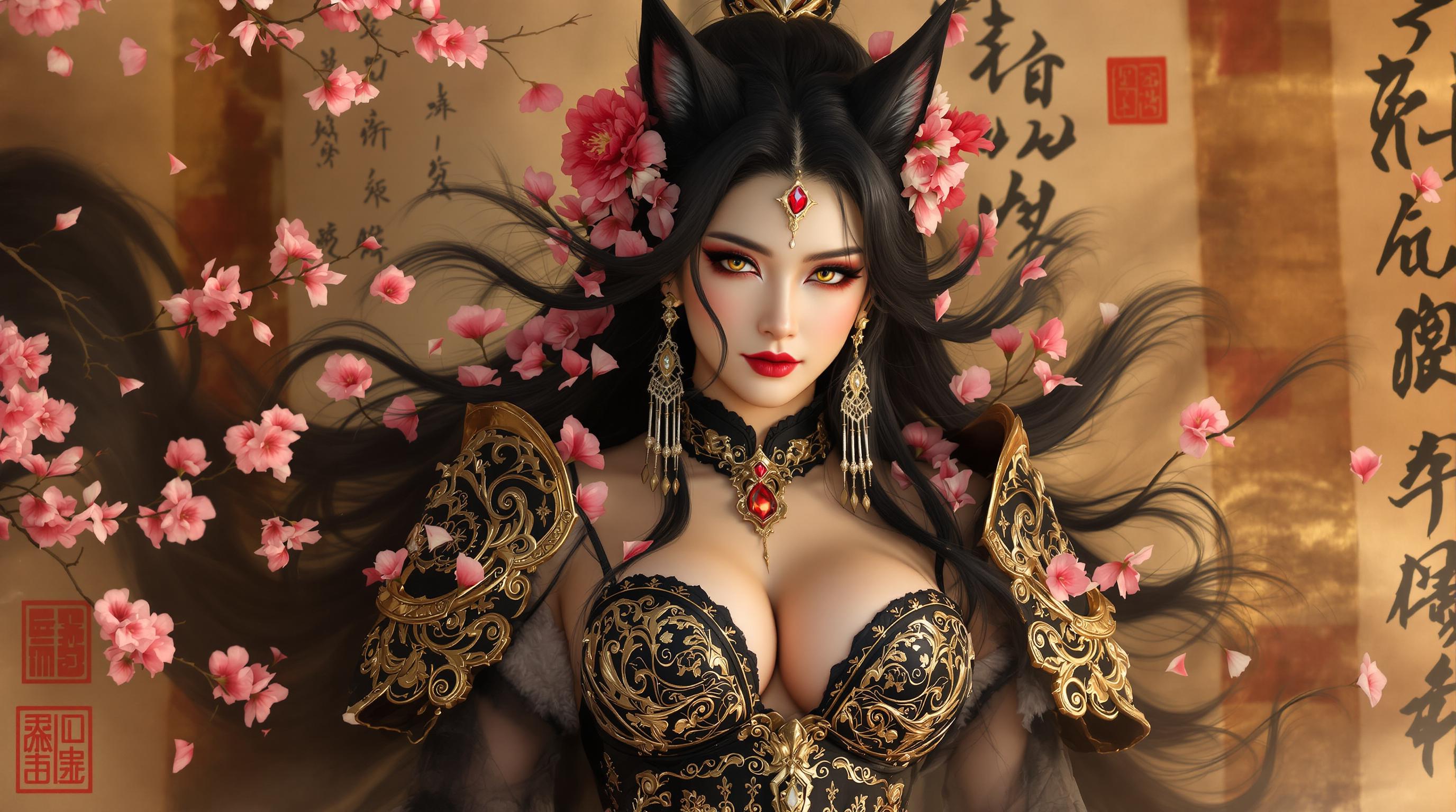 highly detailed cinematic portrait of a seductive East Asian kitsune demoness with fox ears and nine flowing black fox tails adorned with pink cherry blossoms, sharp fox-like golden eyes with heavy smoky eyeliner and long lashes, full glossy red lips in a sultry pout, flawless porcelain skin with subtle blush, long wavy raven-black hair cascading wildly with embedded sakura petals, intricate gold necklace with ruby pendant nestled in deep cleavage, wearing ornate ancient Chinese-inspired fantasy armor: elaborate black and gold filigree corset top with engraved dragon motifs exposing ample voluptuous breasts, asymmetrical shoulder pauldrons with fur trim, semi-transparent flowing silk sleeves, background of aged yellowed rice paper scroll unrolled vertically with bold black Chinese calligraphy poetry and red wax seals, swirling pink cherry blossoms and misty fog in soft golden hour lighting, dramatic chiaroscuro shadows, hyper-realistic 8K digital render in the style of Sakimichan and WLOP, masterpiece, ultra-detailed textures, volumetric god rays, intricate metallic reflections, sensual atmosphere, high dynamic range, photorealistic fantasy art
