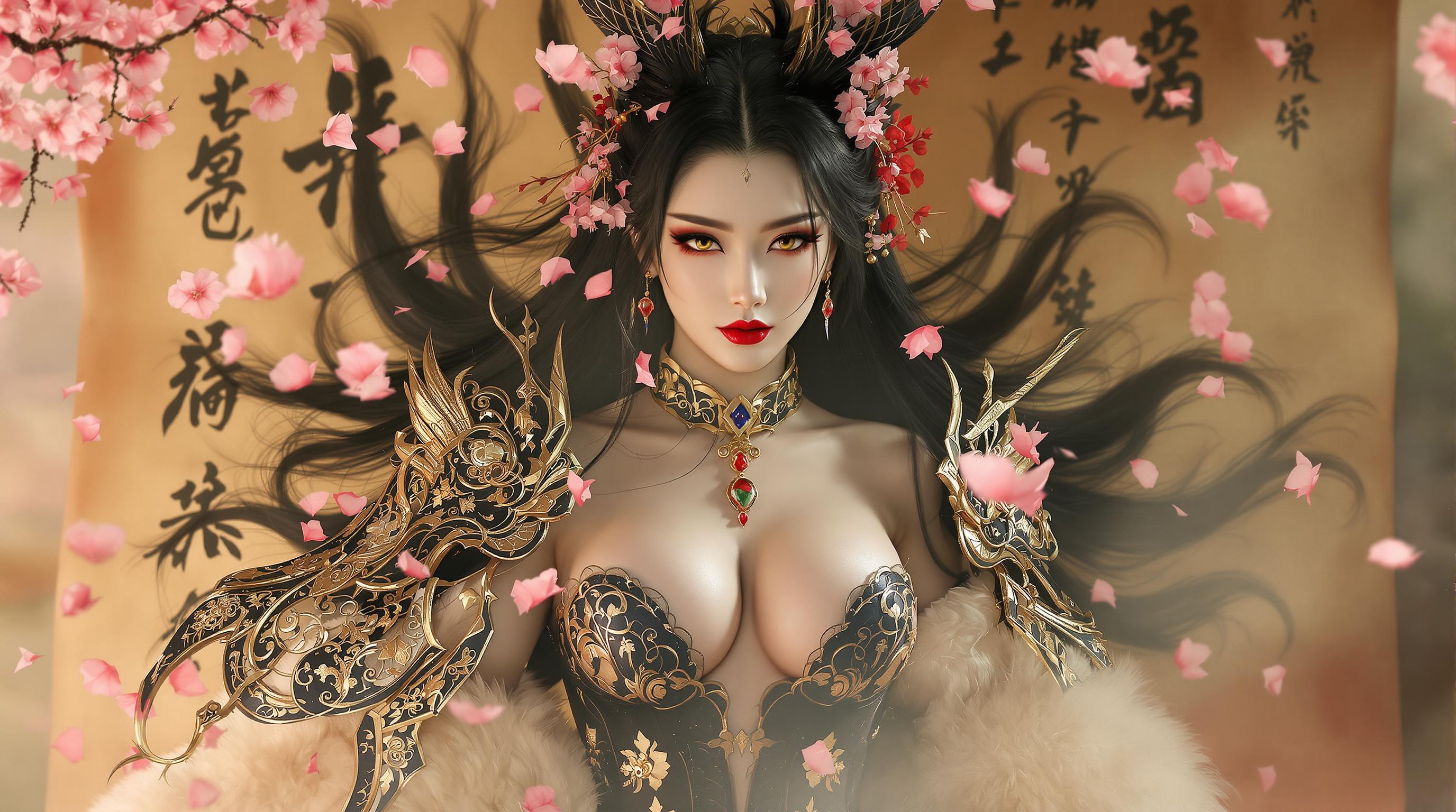 highly detailed cinematic portrait of a seductive East Asian kitsune demoness with fox ears and nine flowing black fox tails adorned with pink cherry blossoms, sharp fox-like golden eyes with heavy smoky eyeliner and long lashes, full glossy red lips in a sultry pout, flawless porcelain skin with subtle blush, long wavy raven-black hair cascading wildly with embedded sakura petals, intricate gold necklace with ruby pendant nestled in deep cleavage, wearing ornate ancient Chinese-inspired fantasy armor: elaborate black and gold filigree corset top with engraved dragon motifs exposing ample voluptuous breasts, asymmetrical shoulder pauldrons with fur trim, semi-transparent flowing silk sleeves, background of aged yellowed rice paper scroll unrolled vertically with bold black Chinese calligraphy poetry and red wax seals, swirling pink cherry blossoms and misty fog in soft golden hour lighting, dramatic chiaroscuro shadows, hyper-realistic 8K digital render in the style of Sakimichan and WLOP, masterpiece, ultra-detailed textures, volumetric god rays, intricate metallic reflections, sensual atmosphere, high dynamic range, photorealistic fantasy art