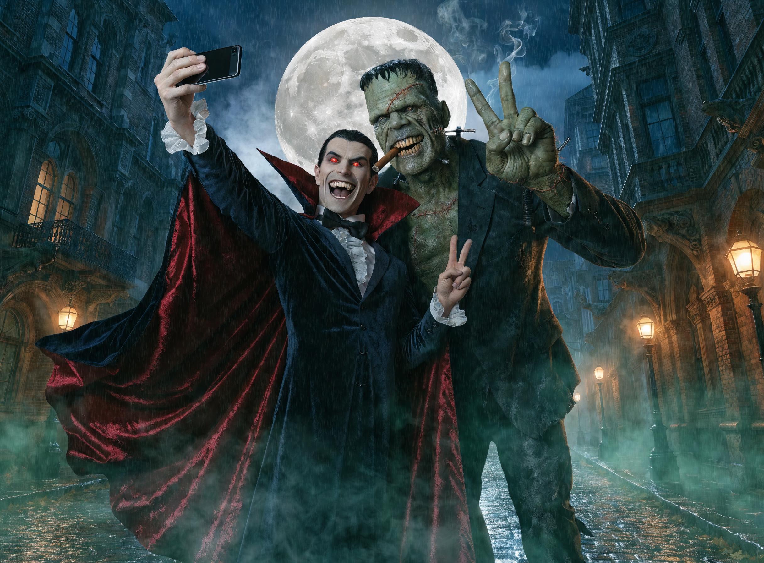A highly detailed digital fantasy artwork in a painterly style reminiscent of Boris Vallejo and Zdzisław Beksiński, featuring a charismatic vampire and Frankenstein's monster taking a joyful selfie on a foggy cobblestone street in a gothic Victorian city at midnight. The massive full moon dominates the deep indigo and navy blue sky, casting ethereal silver-blue moonlight over mist-shrouded ancient brick buildings with arched windows, gargoyles, and wrought-iron balconies. Warm golden glows from antique gas street lamps pierce the swirling green-tinged fog and cigar smoke, creating dramatic chiaroscuro lighting with high contrast shadows and rim lights on the characters.

In the foreground, the pale-skinned vampire with slicked-back black hair, sharp aristocratic features, glowing red eyes, and a wide fanged grin wears a flowing black velvet cape with crimson satin lining over a white ruffled shirt and black bowtie; he holds a sleek black smartphone at arm's length with his right hand, flashing a peace sign (V fingers) with his left, dynamic pose leaning forward excitedly. Beside him, the hulking Frankenstein's monster with mottled green-gray skin, scarred stitches across his forehead and body, flat-topped head, neck electrodes, and wild black hair grins broadly around a lit cigar clenched in his teeth, smoke curling upward; he wears a tattered dark suit jacket and pants, flashing dual peace signs with both massive hands, one arm around the vampire's shoulder in camaraderie.

Ultra-detailed textures: glossy phone screen reflecting moonlight and their faces, velvet cape folds, monster's rough leathery skin with veins and scars, wet cobblestones glistening, volumetric fog and god rays from the moon. Vibrant color palette of cool blues, purples, and greens contrasted with warm oranges from lamps and red accents on cape and eyes. Cinematic composition, masterpiece, 8k resolution, intricate details, hyper-realistic rendering with painterly brushstrokes.