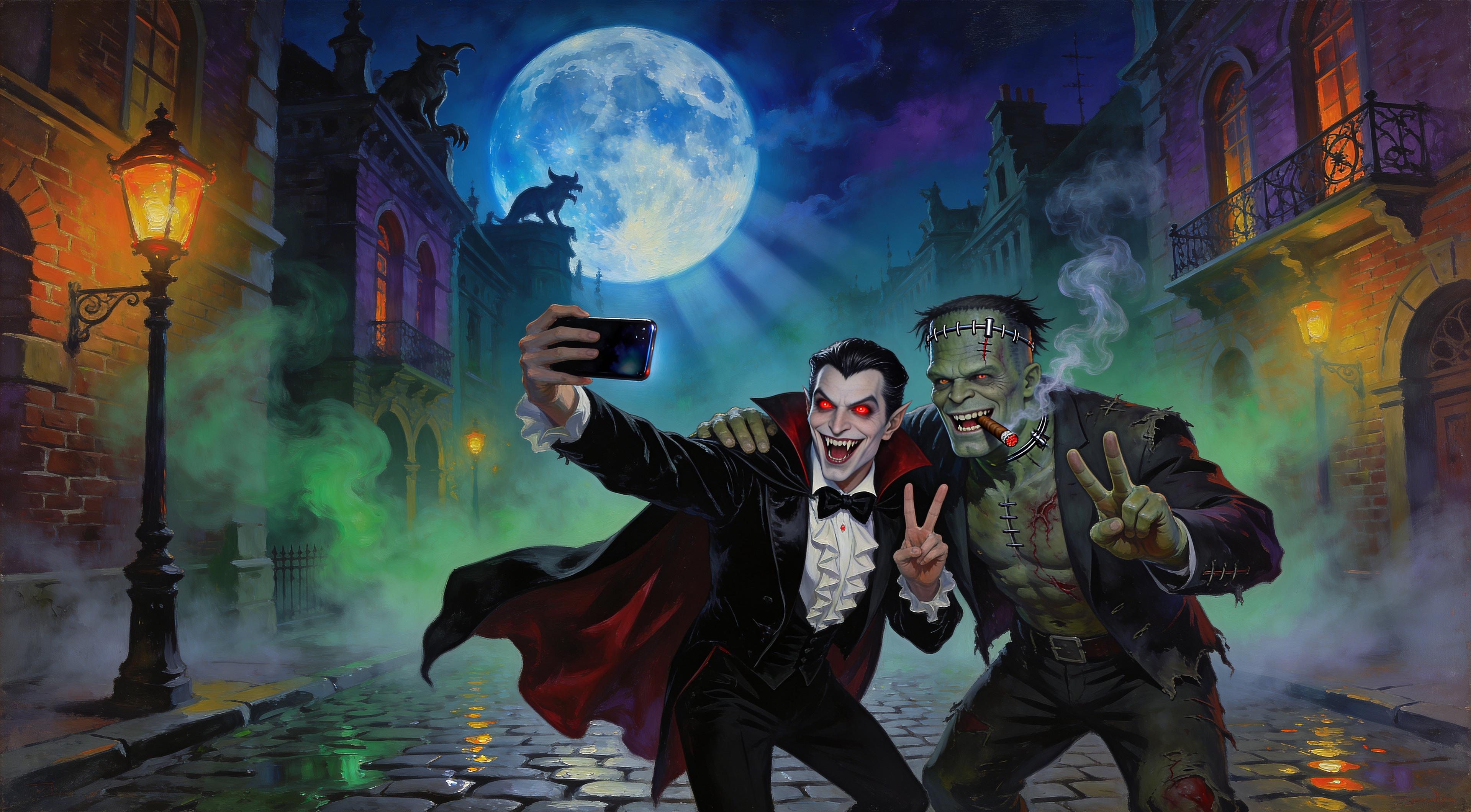 A highly detailed digital fantasy artwork in a painterly style reminiscent of Boris Vallejo and Zdzisław Beksiński, featuring a charismatic vampire and Frankenstein's monster taking a joyful selfie on a foggy cobblestone street in a gothic Victorian city at midnight. The massive full moon dominates the deep indigo and navy blue sky, casting ethereal silver-blue moonlight over mist-shrouded ancient brick buildings with arched windows, gargoyles, and wrought-iron balconies. Warm golden glows from antique gas street lamps pierce the swirling green-tinged fog and cigar smoke, creating dramatic chiaroscuro lighting with high contrast shadows and rim lights on the characters.

In the foreground, the pale-skinned vampire with slicked-back black hair, sharp aristocratic features, glowing red eyes, and a wide fanged grin wears a flowing black velvet cape with crimson satin lining over a white ruffled shirt and black bowtie; he holds a sleek black smartphone at arm's length with his right hand, flashing a peace sign (V fingers) with his left, dynamic pose leaning forward excitedly. Beside him, the hulking Frankenstein's monster with mottled green-gray skin, scarred stitches across his forehead and body, flat-topped head, neck electrodes, and wild black hair grins broadly around a lit cigar clenched in his teeth, smoke curling upward; he wears a tattered dark suit jacket and pants, flashing dual peace signs with both massive hands, one arm around the vampire's shoulder in camaraderie.

Ultra-detailed textures: glossy phone screen reflecting moonlight and their faces, velvet cape folds, monster's rough leathery skin with veins and scars, wet cobblestones glistening, volumetric fog and god rays from the moon. Vibrant color palette of cool blues, purples, and greens contrasted with warm oranges from lamps and red accents on cape and eyes. Cinematic composition, masterpiece, 8k resolution, intricate details, hyper-realistic rendering with painterly brushstrokes.