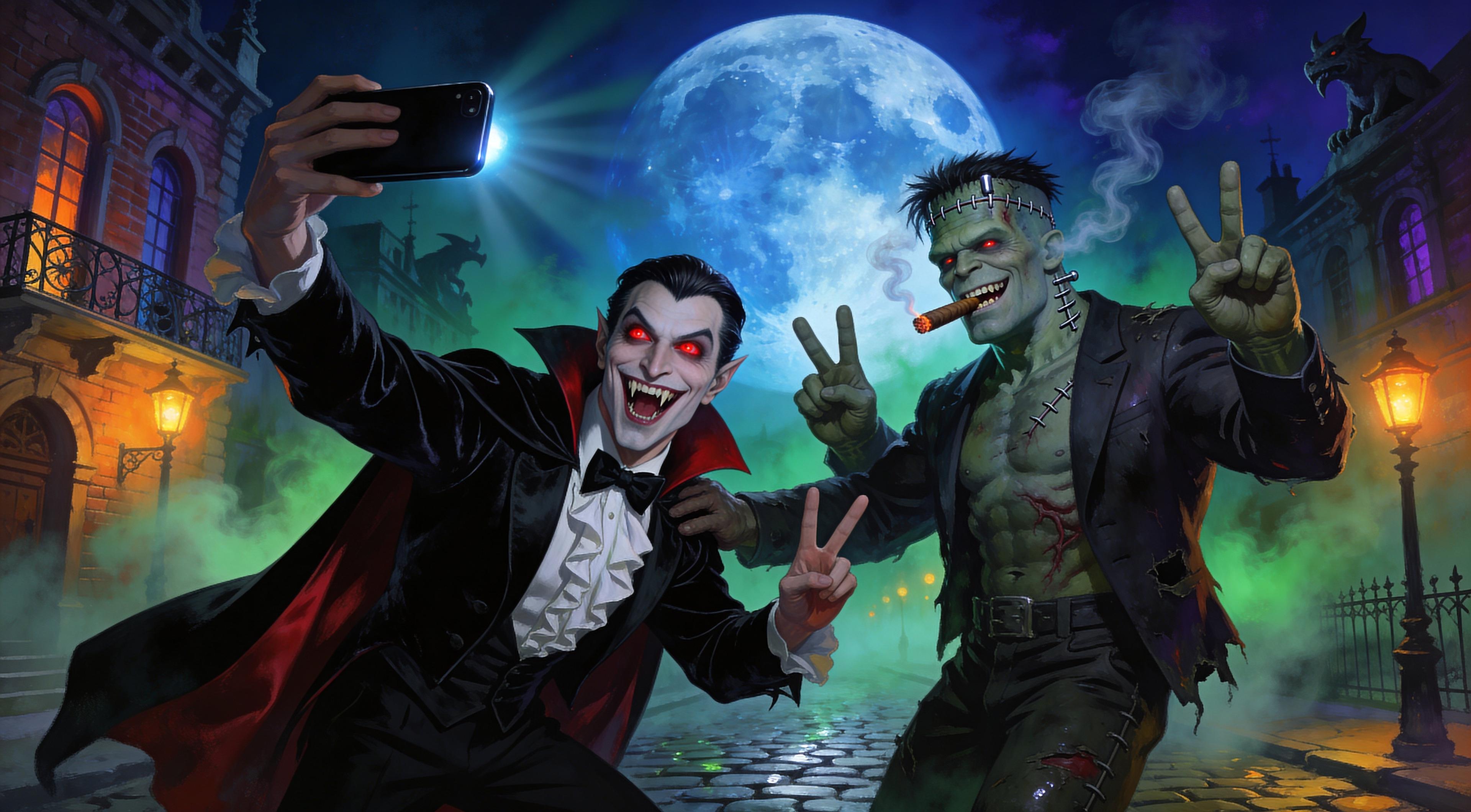 A highly detailed digital fantasy artwork in a painterly style reminiscent of Boris Vallejo and Zdzisław Beksiński, featuring a charismatic vampire and Frankenstein's monster taking a joyful selfie on a foggy cobblestone street in a gothic Victorian city at midnight. The massive full moon dominates the deep indigo and navy blue sky, casting ethereal silver-blue moonlight over mist-shrouded ancient brick buildings with arched windows, gargoyles, and wrought-iron balconies. Warm golden glows from antique gas street lamps pierce the swirling green-tinged fog and cigar smoke, creating dramatic chiaroscuro lighting with high contrast shadows and rim lights on the characters.

In the foreground, the pale-skinned vampire with slicked-back black hair, sharp aristocratic features, glowing red eyes, and a wide fanged grin wears a flowing black velvet cape with crimson satin lining over a white ruffled shirt and black bowtie; he holds a sleek black smartphone at arm's length with his right hand, flashing a peace sign (V fingers) with his left, dynamic pose leaning forward excitedly. Beside him, the hulking Frankenstein's monster with mottled green-gray skin, scarred stitches across his forehead and body, flat-topped head, neck electrodes, and wild black hair grins broadly around a lit cigar clenched in his teeth, smoke curling upward; he wears a tattered dark suit jacket and pants, flashing dual peace signs with both massive hands, one arm around the vampire's shoulder in camaraderie.

Ultra-detailed textures: glossy phone screen reflecting moonlight and their faces, velvet cape folds, monster's rough leathery skin with veins and scars, wet cobblestones glistening, volumetric fog and god rays from the moon. Vibrant color palette of cool blues, purples, and greens contrasted with warm oranges from lamps and red accents on cape and eyes. Cinematic composition, masterpiece, 8k resolution, intricate details, hyper-realistic rendering with painterly brushstrokes.