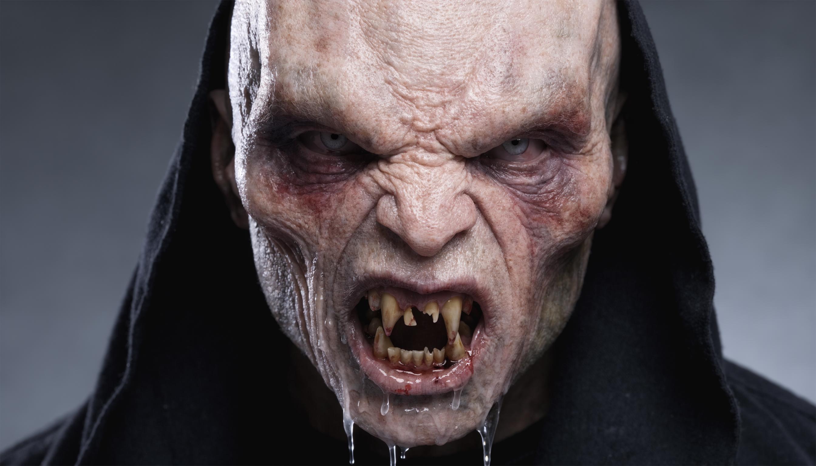 hyper-realistic close-up portrait of a menacing bald alien humanoid creature with pale, fleshy, wrinkled skin in a grotesque Hollywood special effects makeup style, highly detailed textures showing deep vertical ridges across the high forehead and cranium, sagging skin folds around the cheeks and jawline, piercing narrow eyes sunken into bony sockets with intense furrowed brows conveying rage, wide-open snarling mouth revealing multiple jagged yellowed fangs and sharp incisors dripping with saliva, black hooded robe framing the face with soft fabric folds draping over the shoulders, dramatic cinematic lighting with subtle shadows accentuating every wrinkle and ridge, neutral gray studio background, photorealistic practical effects quality like creature designs from films by Stan Winston or Rick Baker, ultra-high resolution, intricate skin pores, subsurface scattering on flesh tones ranging from sickly beige to bruised grayish-purple, sharp focus on face, professional photography, no text or watermarks