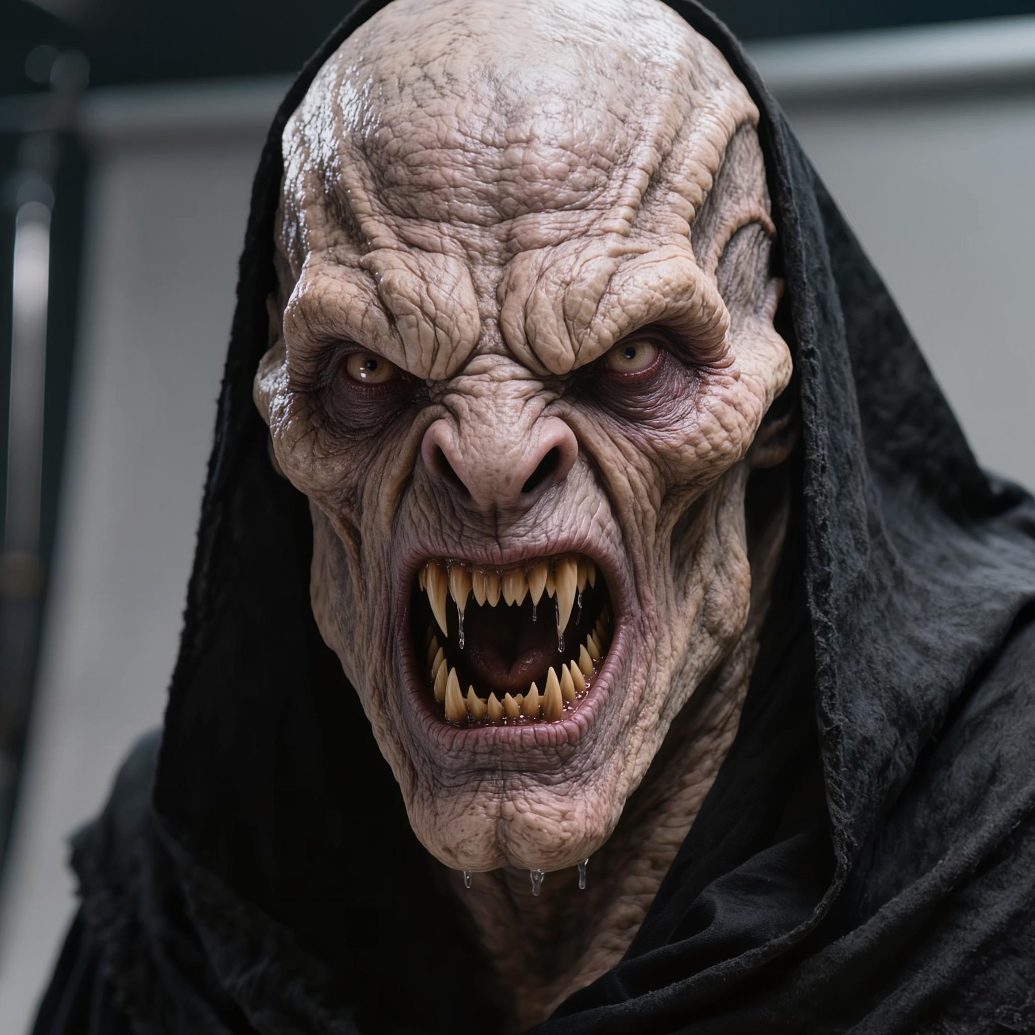 hyper-realistic close-up portrait of a menacing bald alien humanoid creature with pale, fleshy, wrinkled skin in a grotesque Hollywood special effects makeup style, highly detailed textures showing deep vertical ridges across the high forehead and cranium, sagging skin folds around the cheeks and jawline, piercing narrow eyes sunken into bony sockets with intense furrowed brows conveying rage, wide-open snarling mouth revealing multiple jagged yellowed fangs and sharp incisors dripping with saliva, black hooded robe framing the face with soft fabric folds draping over the shoulders, dramatic cinematic lighting with subtle shadows accentuating every wrinkle and ridge, neutral gray studio background, photorealistic practical effects quality like creature designs from films by Stan Winston or Rick Baker, ultra-high resolution, intricate skin pores, subsurface scattering on flesh tones ranging from sickly beige to bruised grayish-purple, sharp focus on face, professional photography, no text or watermarks