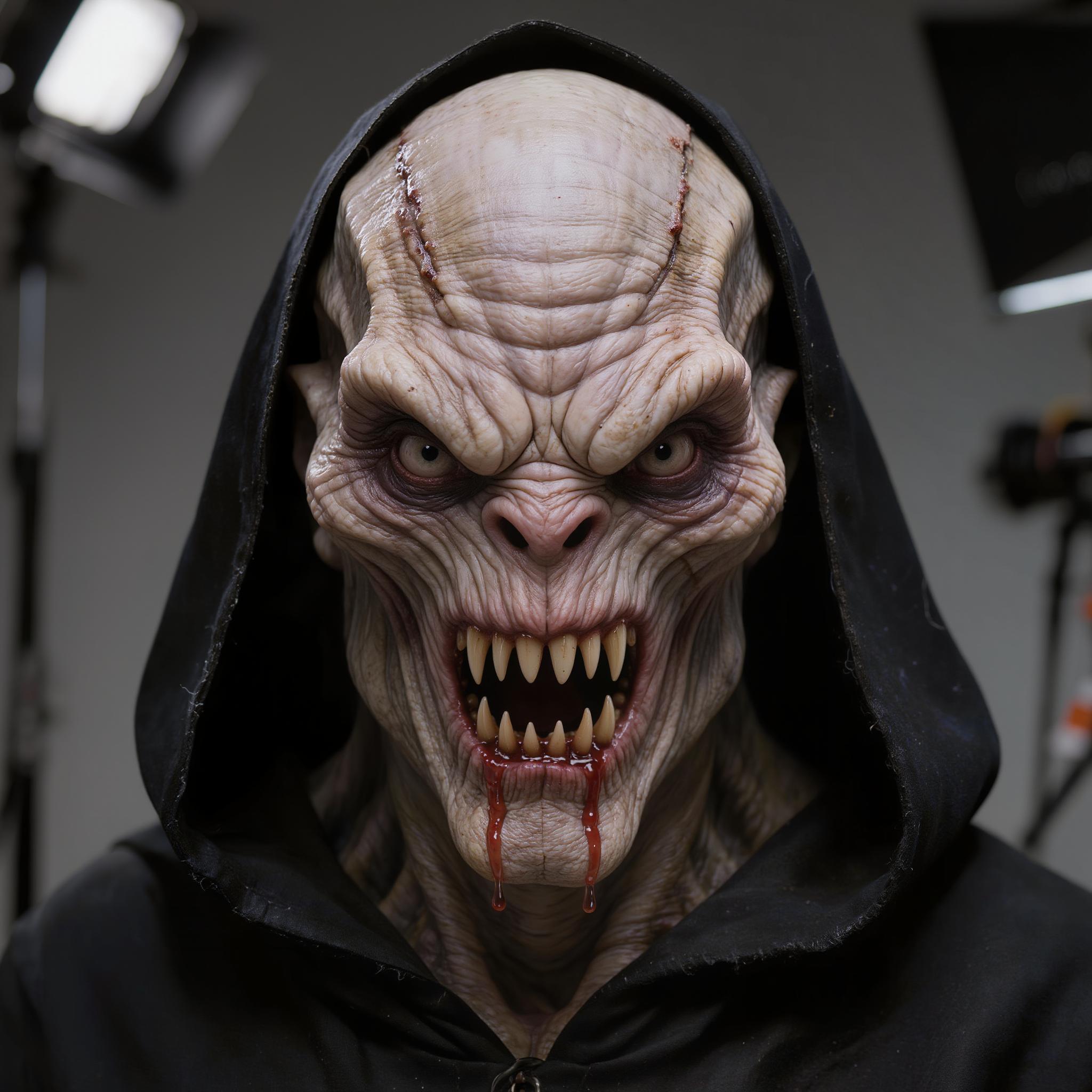 hyper-realistic close-up portrait of a menacing bald alien humanoid creature with pale, fleshy, wrinkled skin in a grotesque Hollywood special effects makeup style, highly detailed textures showing deep vertical ridges across the high forehead and cranium, sagging skin folds around the cheeks and jawline, piercing narrow eyes sunken into bony sockets with intense furrowed brows conveying rage, wide-open snarling mouth revealing multiple jagged yellowed fangs and sharp incisors dripping with saliva, black hooded robe framing the face with soft fabric folds draping over the shoulders, dramatic cinematic lighting with subtle shadows accentuating every wrinkle and ridge, neutral gray studio background, photorealistic practical effects quality like creature designs from films by Stan Winston or Rick Baker, ultra-high resolution, intricate skin pores, subsurface scattering on flesh tones ranging from sickly beige to bruised grayish-purple, sharp focus on face, professional photography, no text or watermarks
