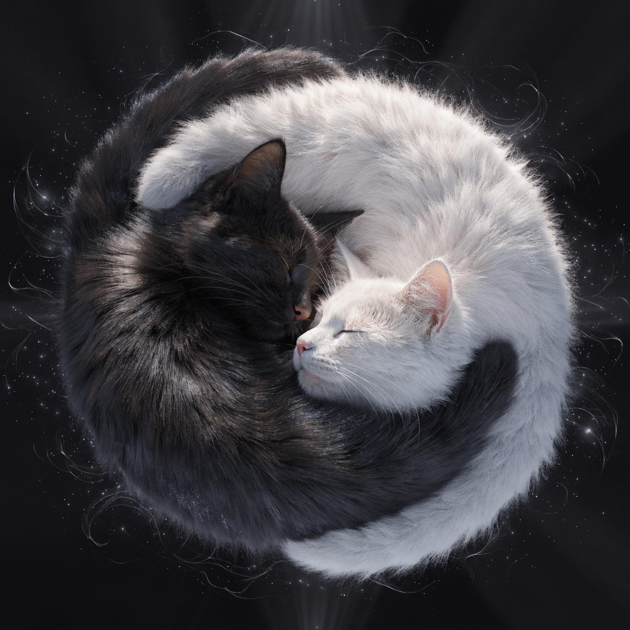 A highly detailed digital artwork of two cats perfectly forming a Yin-Yang symbol, one sleek pure black cat representing Yin and one fluffy pure white cat representing Yang, curled intimately together in a seamless circular harmony on a deep void-black background. The black cat's glossy ebony fur flows smoothly with subtle shimmering highlights, forming the lower curve with its tail elegantly swirling upward; the white cat's soft, voluminous snowy fur billows gently, occupying the upper curve with its tail curling downward. Their heads gently touch at the center, pink noses almost kissing, eyes peacefully closed in serene slumber, delicate whiskers faintly visible, pointed ears perked symmetrically. Subtle glowing white aura emanates from the white cat's side bleeding into soft black shadows on the black cat's side, creating perfect balance and contrast with volumetric god rays and ethereal light particles. Ultra-realistic fur rendering with individual strands, intricate texture details, high dynamic range lighting, cinematic depth of field, in a photorealistic 3D CGI style inspired by artists like Beeple and digital fantasy illustrations, 8K resolution, masterpiece composition with perfect symmetry and harmonious duality.