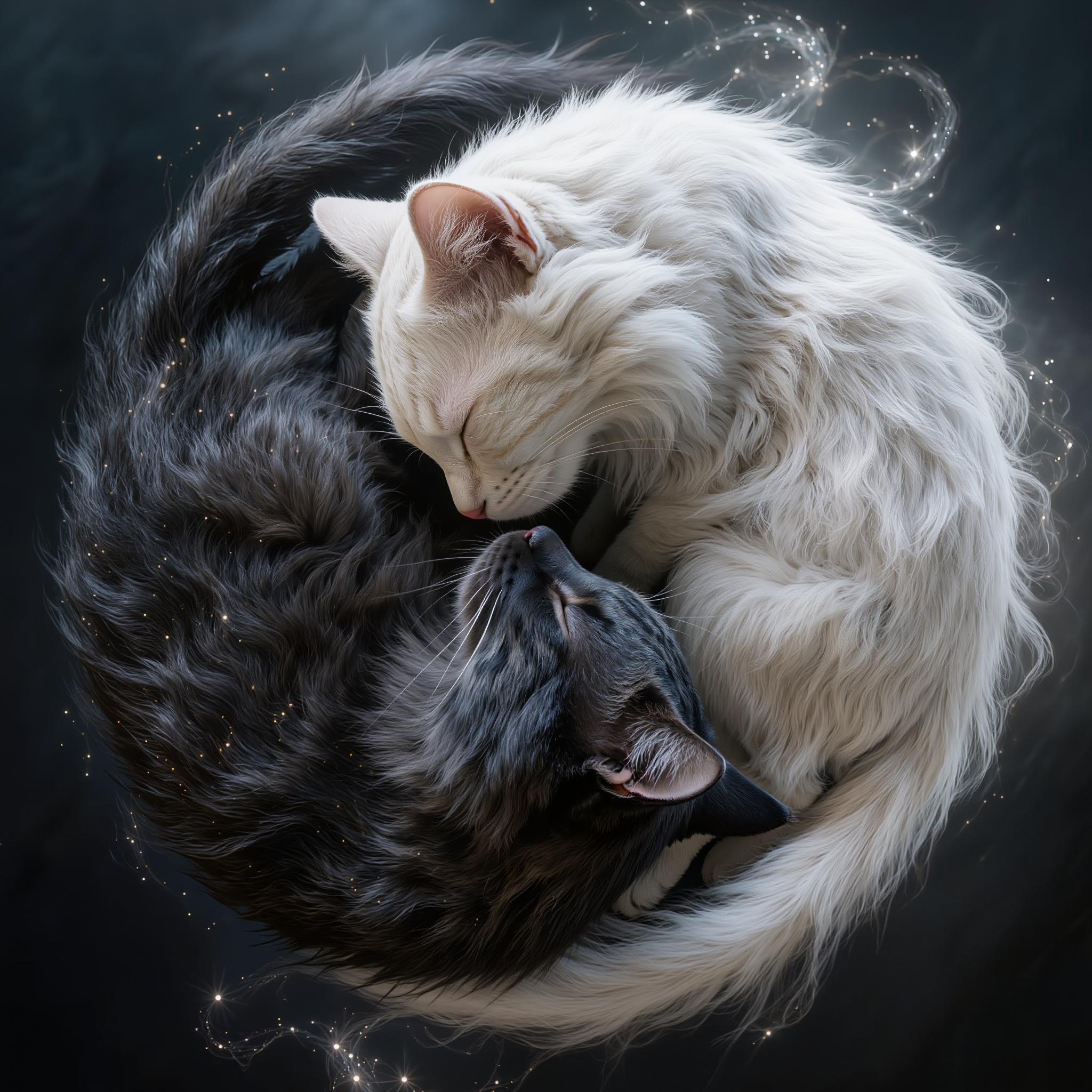 A highly detailed digital artwork of two cats perfectly forming a Yin-Yang symbol, one sleek pure black cat representing Yin and one fluffy pure white cat representing Yang, curled intimately together in a seamless circular harmony on a deep void-black background. The black cat's glossy ebony fur flows smoothly with subtle shimmering highlights, forming the lower curve with its tail elegantly swirling upward; the white cat's soft, voluminous snowy fur billows gently, occupying the upper curve with its tail curling downward. Their heads gently touch at the center, pink noses almost kissing, eyes peacefully closed in serene slumber, delicate whiskers faintly visible, pointed ears perked symmetrically. Subtle glowing white aura emanates from the white cat's side bleeding into soft black shadows on the black cat's side, creating perfect balance and contrast with volumetric god rays and ethereal light particles. Ultra-realistic fur rendering with individual strands, intricate texture details, high dynamic range lighting, cinematic depth of field, in a photorealistic 3D CGI style inspired by artists like Beeple and digital fantasy illustrations, 8K resolution, masterpiece composition with perfect symmetry and harmonious duality.
