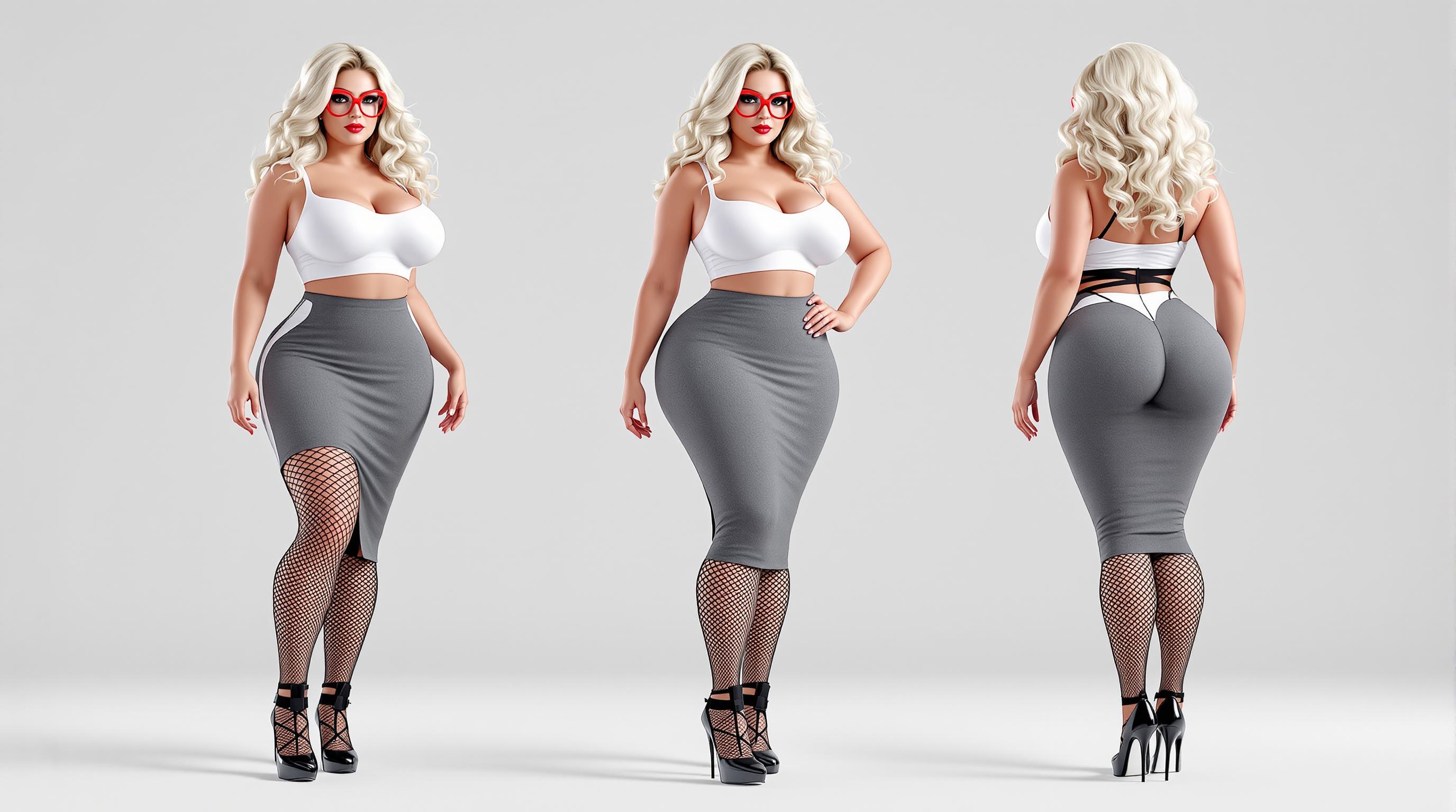 highly detailed 3D CGI render of a voluptuous bombshell woman in three dynamic full-body views side-by-side (front, left side, rear), ultra-realistic digital art style like high-end Blender or Octane render, photorealistic skin with glossy highlights, perfect anatomy, exaggerated hourglass figure with massive breasts straining against fabric, tiny waist, enormous round bubble butt, long athletic legs; platinum blonde long wavy tousled hair cascading down back, sharp beautiful face with full pouty lips, heavy makeup, red cat-eye glasses; wearing tight white cropped tank top barely containing cleavage with underboob peek, high-waisted skin-tight gray pencil skirt with rear vent slit revealing fishnet stockings, black strappy fishnet thigh-highs with garters, shiny black stiletto high heels; confident poses with hands on hips, subtle hip sway, dynamic lighting with soft shadows, rim light on curves, pure white seamless background, 8k resolution, intricate details on fabrics, seams, wrinkles, reflections, lace patterns on stockings, seductive expression, professional character model sheet layout