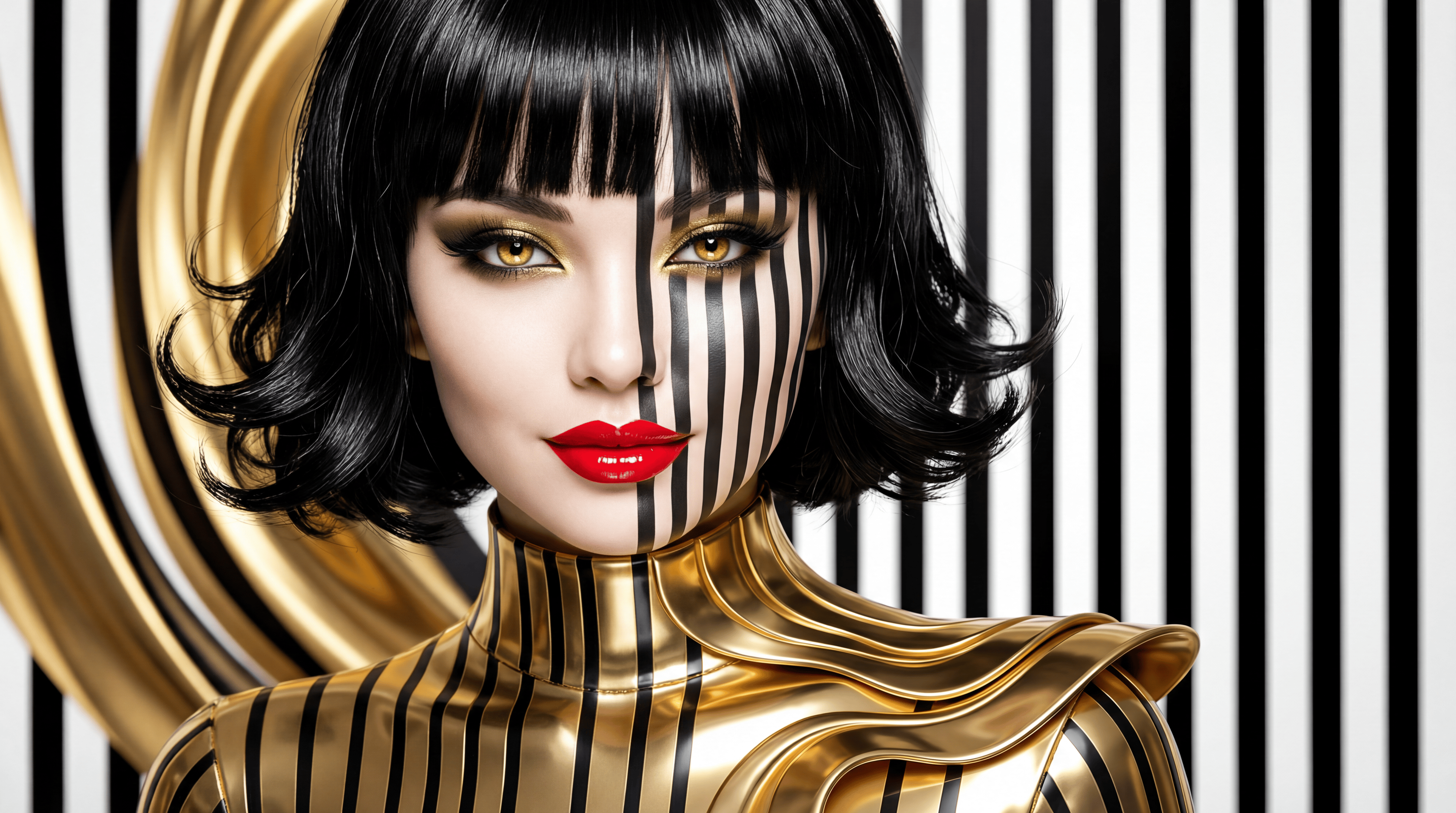 A highly detailed, photorealistic close-up portrait of a glamorous young woman with striking cat-like features, sharp jawline, high cheekbones, and flawless porcelain skin. She has glossy jet-black bob haircut with heavy straight bangs framing her forehead, wavy ends curling outward, perfectly styled and shiny. Her almond-shaped eyes are intensely golden with dramatic smoky gold eyeshadow, thick winged black eyeliner, long curled lashes, and piercing gaze looking directly at viewer. Full plump lips painted vivid glossy red, curved in a seductive slight smile revealing perfect white teeth. Her face is dynamically overlaid with sharp vertical black-and-white stripes slicing across from forehead to chin, creating an optical illusion mask effect that partially obscures her features while highlighting contours.

She wears a futuristic high-fashion metallic gold bodysuit with glossy reflective surfaces, black vertical stripes matching the overlay, high structured collar wrapping around her neck, and flowing asymmetrical gold waves draping over one shoulder like liquid metal ribbons. The background features bold vertical black-and-white stripes with integrated swirling gold metallic elements blending seamlessly into the outfit, evoking motion and depth.

Studio lighting with high contrast, dramatic highlights on metallic gold surfaces, subtle specular reflections, glossy wet-look textures on hair and lips. Ultra-high resolution, 8K, hyper-realistic digital photography style inspired by high-fashion editorials like Vogue or surreal artists like Salvador Dalí, vibrant color palette dominated by stark black, crisp white, luxurious metallic gold, pops of crimson red, impeccable composition, sharp focus on face and eyes, professional retouching for flawless beauty.