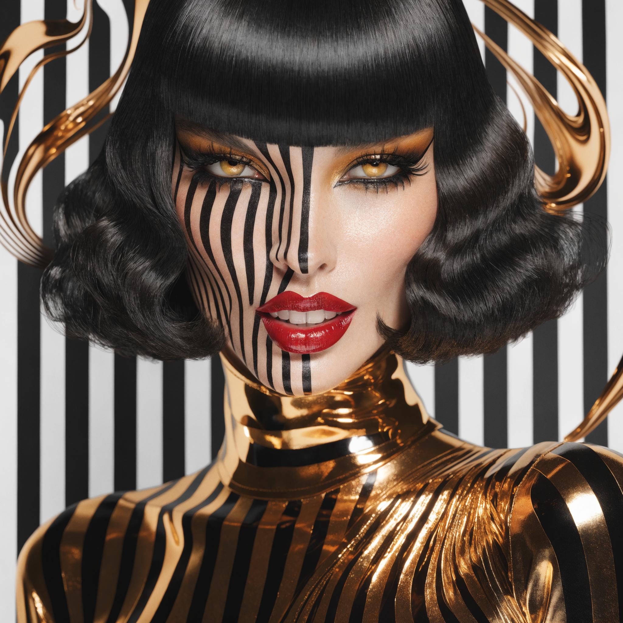 A highly detailed, photorealistic close-up portrait of a glamorous young woman with striking cat-like features, sharp jawline, high cheekbones, and flawless porcelain skin. She has glossy jet-black bob haircut with heavy straight bangs framing her forehead, wavy ends curling outward, perfectly styled and shiny. Her almond-shaped eyes are intensely golden with dramatic smoky gold eyeshadow, thick winged black eyeliner, long curled lashes, and piercing gaze looking directly at viewer. Full plump lips painted vivid glossy red, curved in a seductive slight smile revealing perfect white teeth. Her face is dynamically overlaid with sharp vertical black-and-white stripes slicing across from forehead to chin, creating an optical illusion mask effect that partially obscures her features while highlighting contours.

She wears a futuristic high-fashion metallic gold bodysuit with glossy reflective surfaces, black vertical stripes matching the overlay, high structured collar wrapping around her neck, and flowing asymmetrical gold waves draping over one shoulder like liquid metal ribbons. The background features bold vertical black-and-white stripes with integrated swirling gold metallic elements blending seamlessly into the outfit, evoking motion and depth.

Studio lighting with high contrast, dramatic highlights on metallic gold surfaces, subtle specular reflections, glossy wet-look textures on hair and lips. Ultra-high resolution, 8K, hyper-realistic digital photography style inspired by high-fashion editorials like Vogue or surreal artists like Salvador Dalí, vibrant color palette dominated by stark black, crisp white, luxurious metallic gold, pops of crimson red, impeccable composition, sharp focus on face and eyes, professional retouching for flawless beauty.