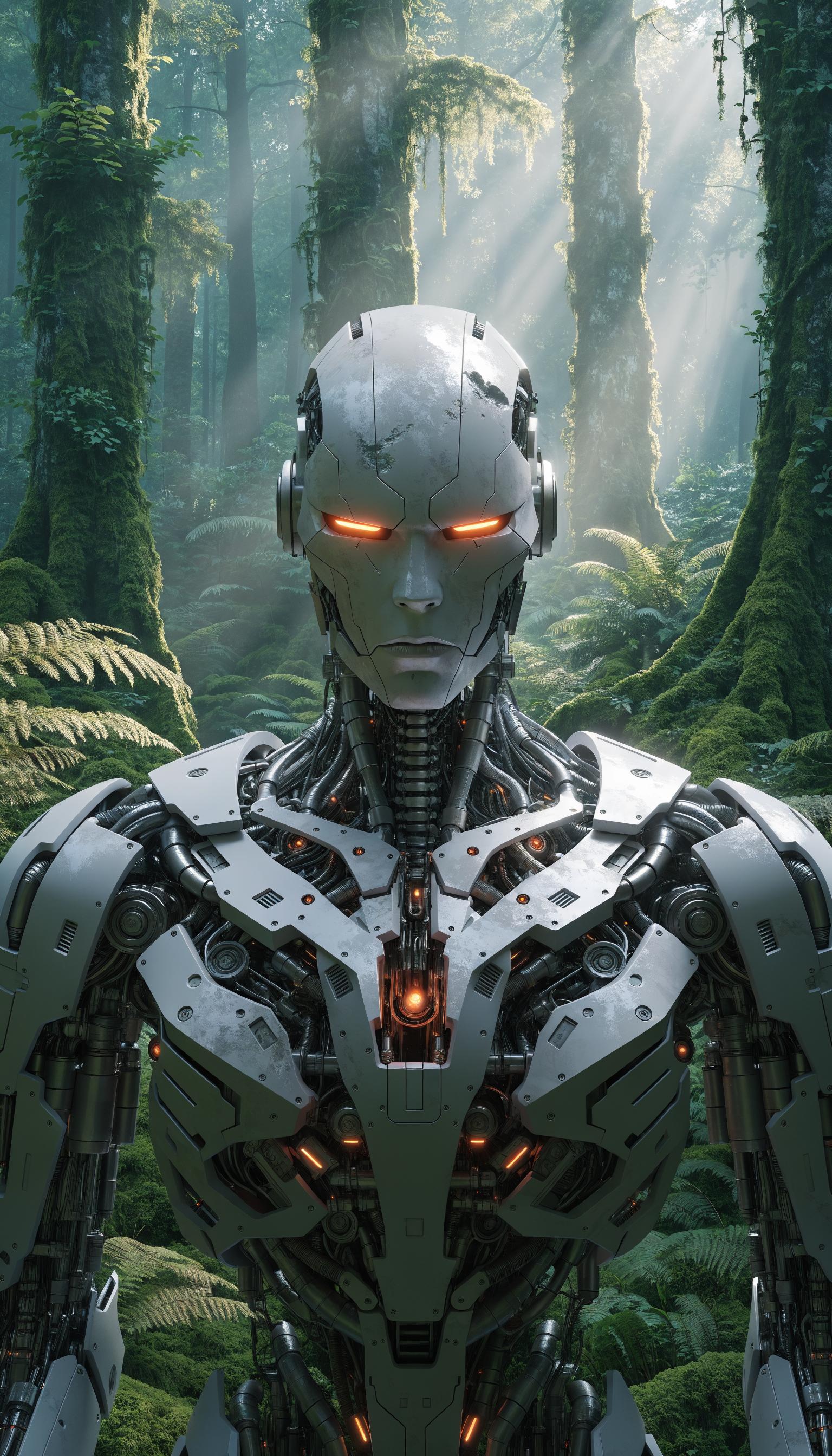 A highly detailed photorealistic 3D render of a futuristic humanoid robot in a misty enchanted forest, close-up portrait from chest up, stern metallic face with glowing orange-red slit eyes, matte white and silver exoskeleton armor with intricate exposed mechanical internals including gears, pistons, hydraulic tubes, wires, and glowing orange accents on shoulders and joints, seamless cybernetic neck with articulated vertebrae and cabling, sharp angular features, subtle battle scars and wear, lush dense foggy forest background with tall slender trees covered in moss and ferns, soft volumetric god rays filtering through canopy, ethereal green-blue mist, cinematic lighting with dramatic rim light highlighting contours, high dynamic range, ultra sharp focus, intricate details, 8K resolution, octane render, in the style of cinematic sci-fi concept art by Greg Rutkowski and Beeple.