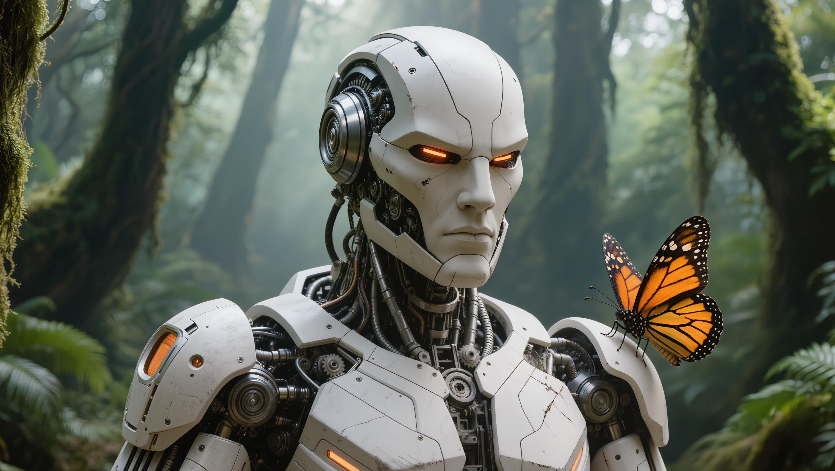 A highly detailed photorealistic 3D render of a futuristic humanoid robot in a misty enchanted forest, close-up portrait from chest up, stern metallic face with glowing orange-red slit eyes, matte white and silver exoskeleton armor with intricate exposed mechanical internals including gears, pistons, hydraulic tubes, wires, and glowing orange accents on shoulders and joints, seamless cybernetic neck with articulated vertebrae and cabling, sharp angular features, subtle battle scars and wear, a large vibrant monarch butterfly with orange wings black veins and white spots perched delicately on the right shoulder, lush dense foggy forest background with tall slender trees covered in moss and ferns, soft volumetric god rays filtering through canopy, ethereal green-blue mist, cinematic lighting with dramatic rim light highlighting contours, high dynamic range, ultra sharp focus, intricate details, 8K resolution, octane render, in the style of cinematic sci-fi concept art by Greg Rutkowski and Beeple.