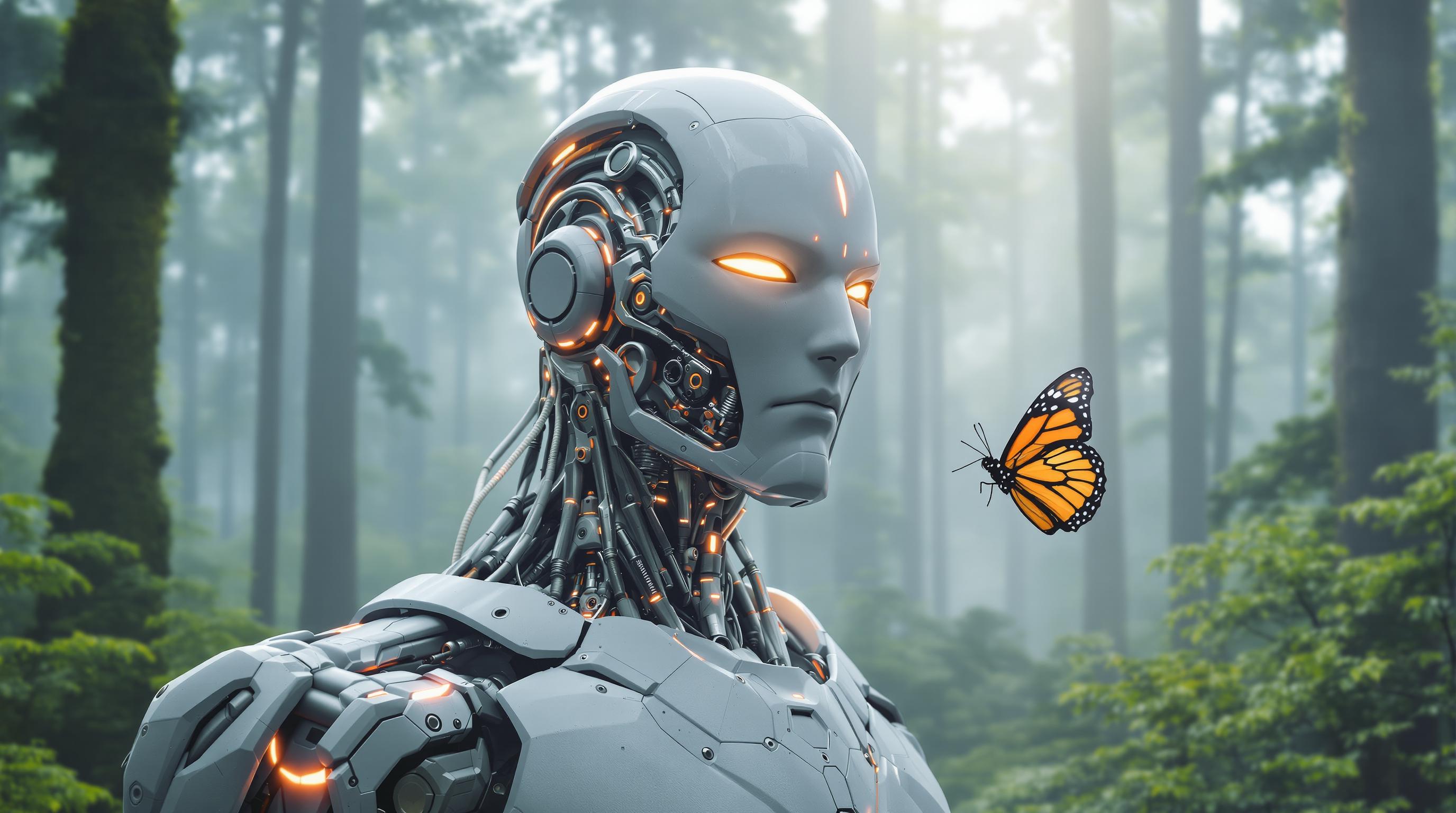 A highly detailed photorealistic 3D render of a futuristic humanoid robot in a misty enchanted forest, close-up portrait from chest up, stern metallic face with glowing orange-red slit eyes, matte white and silver exoskeleton armor with intricate exposed mechanical internals including gears, pistons, hydraulic tubes, wires, and glowing orange accents on shoulders and joints, seamless cybernetic neck with articulated vertebrae and cabling, sharp angular features, subtle battle scars and wear, a large vibrant monarch butterfly with orange wings black veins and white spots perched delicately on the right shoulder, lush dense foggy forest background with tall slender trees covered in moss and ferns, soft volumetric god rays filtering through canopy, ethereal green-blue mist, cinematic lighting with dramatic rim light highlighting contours, high dynamic range, ultra sharp focus, intricate details, 8K resolution, octane render, in the style of cinematic sci-fi concept art by Greg Rutkowski and Beeple.