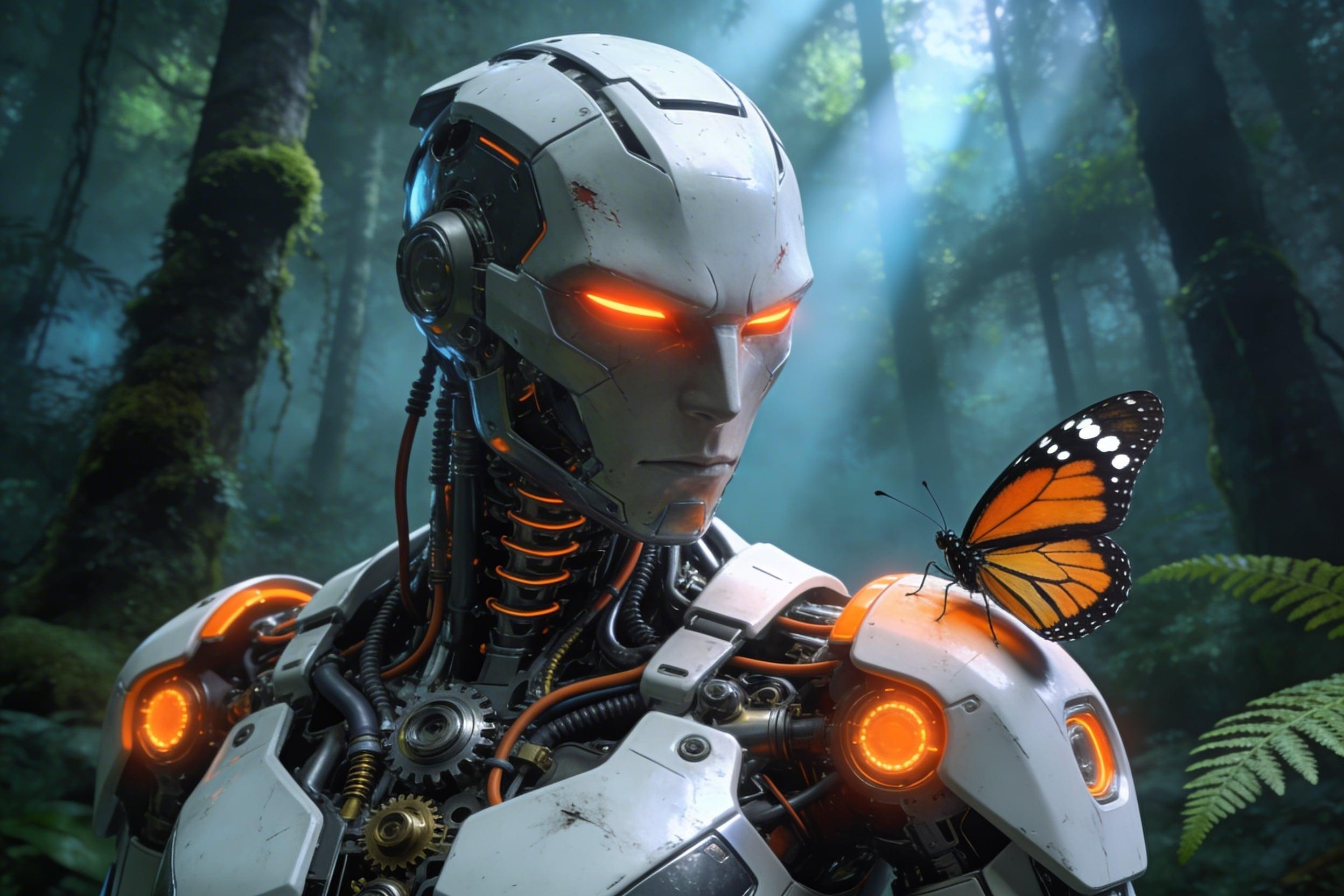 A highly detailed photorealistic 3D render of a futuristic humanoid robot in a misty enchanted forest, close-up portrait from chest up, stern metallic face with glowing orange-red slit eyes, matte white and silver exoskeleton armor with intricate exposed mechanical internals including gears, pistons, hydraulic tubes, wires, and glowing orange accents on shoulders and joints, seamless cybernetic neck with articulated vertebrae and cabling, sharp angular features, subtle battle scars and wear, a large vibrant monarch butterfly with orange wings black veins and white spots perched delicately on the right shoulder, lush dense foggy forest background with tall slender trees covered in moss and ferns, soft volumetric god rays filtering through canopy, ethereal green-blue mist, cinematic lighting with dramatic rim light highlighting contours, high dynamic range, ultra sharp focus, intricate details, 8K resolution, octane render, in the style of cinematic sci-fi concept art by Greg Rutkowski and Beeple.