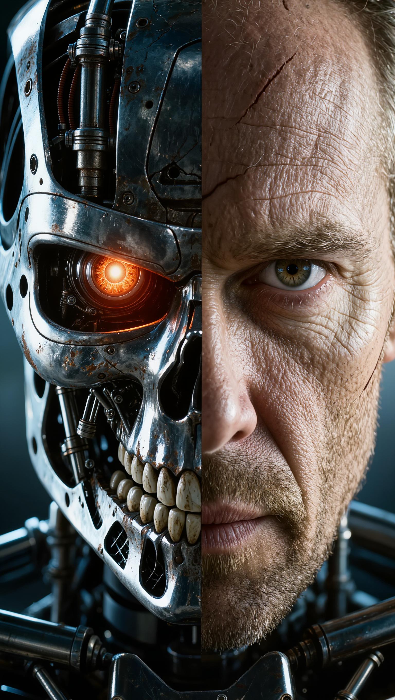 A hyper-detailed, photorealistic close-up portrait of the Terminator T-800 cyborg's face in a dramatic frontal view, vertically bisected down the center to reveal half exposed metallic endoskeleton and half human flesh, cinematic CGI render in the style of Industrial Light & Magic from Terminator 2, ultra-high resolution 8K, intricate mechanical details on the left side including polished chrome skull plating with rivets, exposed pistons, hydraulic actuators, wiring bundles, glowing orange cybernetic eye with fiery red iris pupil and lens flare reflections, jagged metallic teeth and jaw hinge visible, subtle rust and wear scratches; right side features pale caucasian human skin with subsurface scattering, faint stubble, subtle scars and wrinkles, realistic hazel eye with intense narrowed gaze, thin lips slightly parted; dynamic chiaroscuro lighting with cool blue rim lights accentuating contours and edges, warm orange glow from the mechanical eye casting subtle shadows across the face, high specular highlights on metal surfaces, moody dark gradient background fading to pure black, epic sci-fi atmosphere, sharp focus, volumetric god rays, masterpiece quality.