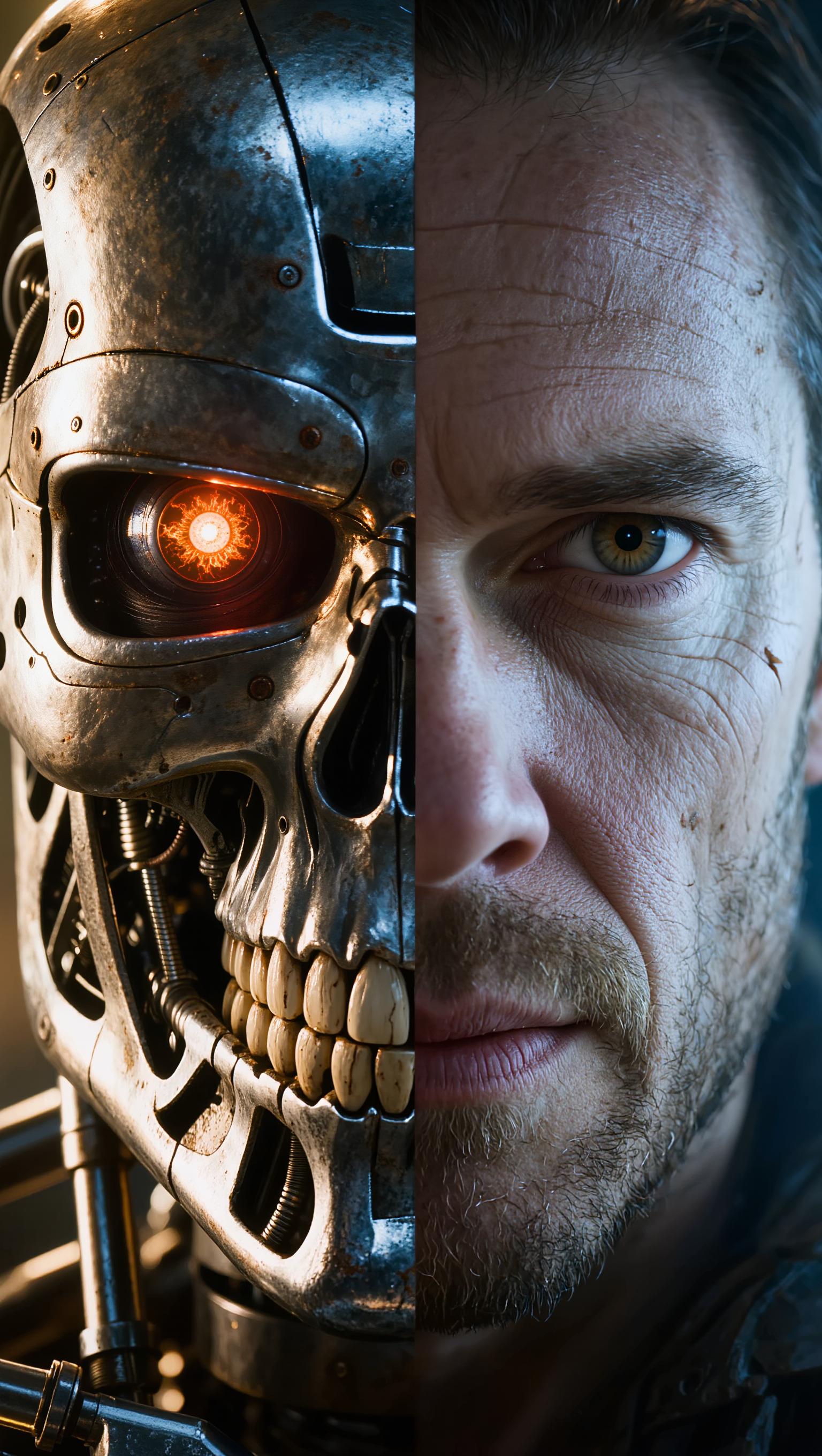 A hyper-detailed, photorealistic close-up portrait of the Terminator T-800 cyborg's face in a dramatic frontal view, vertically bisected down the center to reveal half exposed metallic endoskeleton and half human flesh, cinematic CGI render in the style of Industrial Light & Magic from Terminator 2, ultra-high resolution 8K, intricate mechanical details on the left side including polished chrome skull plating with rivets, exposed pistons, hydraulic actuators, wiring bundles, glowing orange cybernetic eye with fiery red iris pupil and lens flare reflections, jagged metallic teeth and jaw hinge visible, subtle rust and wear scratches; right side features pale caucasian human skin with subsurface scattering, faint stubble, subtle scars and wrinkles, realistic hazel eye with intense narrowed gaze, thin lips slightly parted; dynamic chiaroscuro lighting with cool blue rim lights accentuating contours and edges, warm orange glow from the mechanical eye casting subtle shadows across the face, high specular highlights on metal surfaces, moody dark gradient background fading to pure black, epic sci-fi atmosphere, sharp focus, volumetric god rays, masterpiece quality.