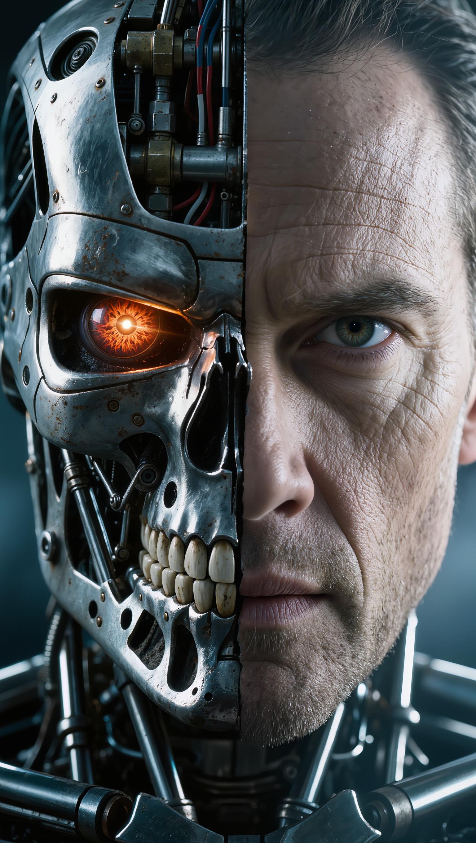 A hyper-detailed, photorealistic close-up portrait of the Terminator T-800 cyborg's face in a dramatic frontal view, vertically bisected down the center to reveal half exposed metallic endoskeleton and half human flesh, cinematic CGI render in the style of Industrial Light & Magic from Terminator 2, ultra-high resolution 8K, intricate mechanical details on the left side including polished chrome skull plating with rivets, exposed pistons, hydraulic actuators, wiring bundles, glowing orange cybernetic eye with fiery red iris pupil and lens flare reflections, jagged metallic teeth and jaw hinge visible, subtle rust and wear scratches; right side features pale caucasian human skin with subsurface scattering, faint stubble, subtle scars and wrinkles, realistic hazel eye with intense narrowed gaze, thin lips slightly parted; dynamic chiaroscuro lighting with cool blue rim lights accentuating contours and edges, warm orange glow from the mechanical eye casting subtle shadows across the face, high specular highlights on metal surfaces, moody dark gradient background fading to pure black, epic sci-fi atmosphere, sharp focus, volumetric god rays, masterpiece quality.