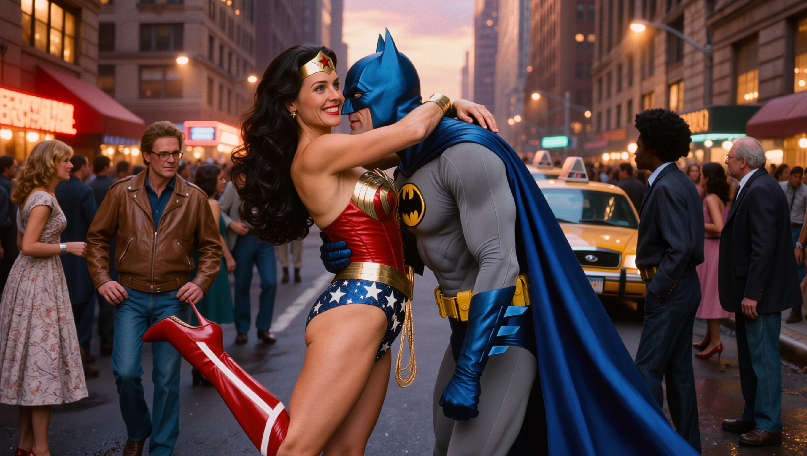 A highly detailed, photorealistic cinematic still from a 1970s superhero TV crossover episode, capturing Batman and Wonder Woman in a passionate embrace and kiss on a bustling Gotham City street at golden hour dusk. Batman, styled as Adam West with his iconic glossy blue bat-cowl featuring pointed ears and stark white eye lenses, blue cape flowing dramatically, form-fitting gray bodysuit with yellow oval Bat-symbol on chest, yellow utility belt with pouches, blue gloves and boots, muscular build, one arm wrapped firmly around Wonder Woman's bare back, the other hand gently on her shoulder, leaning in for the kiss. Wonder Woman, portrayed as Lynda Carter with long voluminous wavy raven-black hair cascading over shoulders, radiant blue eyes sparkling with joy, wide genuine smile with perfect white teeth, red star-embossed golden tiara, flawless porcelain skin, voluptuous figure in her classic costume: strapless red corset-style bustier adorned with intricate gold eagle emblem, matching red bottoms with white stars, wide gold power belt, bulging gold bullet-deflecting bracelets, red high-heeled boots with white stripes, blue star-spangled starfield skirt elements fluttering. She has both arms affectionately around Batman's neck, hands clasping behind his cowl, bodies pressed close in romantic tension. Background: narrow urban alleyway lined with towering Art Deco skyscrapers glowing in warm orange and purple twilight hues, yellow taxi cabs, wet pavement reflecting neon signs and streetlights, diverse 1970s crowd of onlookers including a man with shaggy brown hair and sideburns in tan leather jacket, another with glasses and afro, elderly man, young boy, women in flowy dresses, all blurred in shallow depth of field, dramatic volumetric lighting with lens flares, high contrast shadows, vibrant saturated colors—deep blues and grays for Batman, fiery reds and golds for Wonder Woman, cinematic 35mm film grain, ultra-high resolution, professional photography style, epic romantic superhero moment.