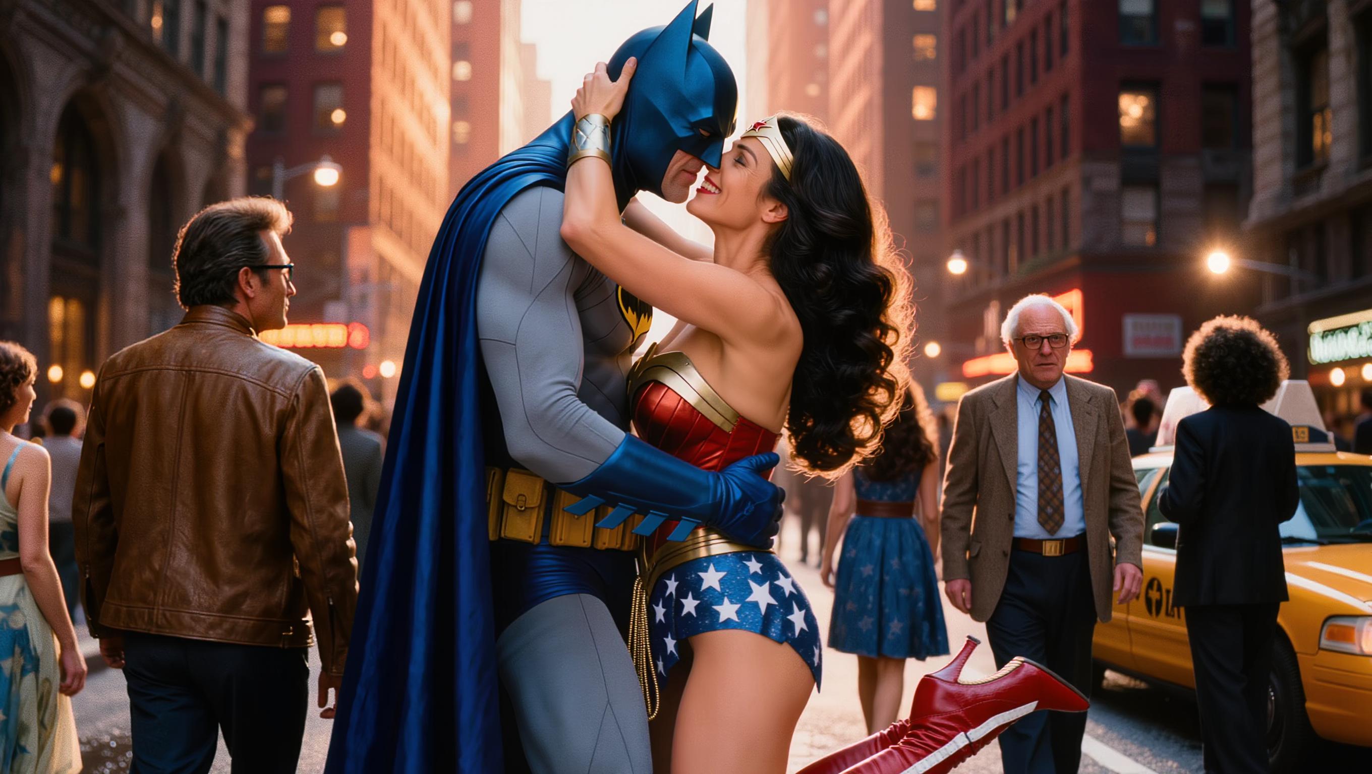 A highly detailed, photorealistic cinematic still from a 1970s superhero TV crossover episode, capturing Batman and Wonder Woman in a passionate embrace and kiss on a bustling Gotham City street at golden hour dusk. Batman, styled as Adam West with his iconic glossy blue bat-cowl featuring pointed ears and stark white eye lenses, blue cape flowing dramatically, form-fitting gray bodysuit with yellow oval Bat-symbol on chest, yellow utility belt with pouches, blue gloves and boots, muscular build, one arm wrapped firmly around Wonder Woman's bare back, the other hand gently on her shoulder, leaning in for the kiss. Wonder Woman, portrayed as Lynda Carter with long voluminous wavy raven-black hair cascading over shoulders, radiant blue eyes sparkling with joy, wide genuine smile with perfect white teeth, red star-embossed golden tiara, flawless porcelain skin, voluptuous figure in her classic costume: strapless red corset-style bustier adorned with intricate gold eagle emblem, matching red bottoms with white stars, wide gold power belt, bulging gold bullet-deflecting bracelets, red high-heeled boots with white stripes, blue star-spangled starfield skirt elements fluttering. She has both arms affectionately around Batman's neck, hands clasping behind his cowl, bodies pressed close in romantic tension. Background: narrow urban alleyway lined with towering Art Deco skyscrapers glowing in warm orange and purple twilight hues, yellow taxi cabs, wet pavement reflecting neon signs and streetlights, diverse 1970s crowd of onlookers including a man with shaggy brown hair and sideburns in tan leather jacket, another with glasses and afro, elderly man, young boy, women in flowy dresses, all blurred in shallow depth of field, dramatic volumetric lighting with lens flares, high contrast shadows, vibrant saturated colors—deep blues and grays for Batman, fiery reds and golds for Wonder Woman, cinematic 35mm film grain, ultra-high resolution, professional photography style, epic romantic superhero moment.