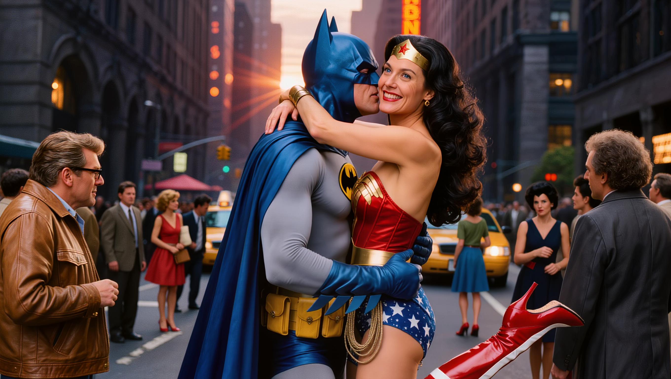 A highly detailed, photorealistic cinematic still from a 1970s superhero TV crossover episode, capturing Batman and Wonder Woman in a passionate embrace and kiss on a bustling Gotham City street at golden hour dusk. Batman, styled as Adam West with his iconic glossy blue bat-cowl featuring pointed ears and stark white eye lenses, blue cape flowing dramatically, form-fitting gray bodysuit with yellow oval Bat-symbol on chest, yellow utility belt with pouches, blue gloves and boots, muscular build, one arm wrapped firmly around Wonder Woman's bare back, the other hand gently on her shoulder, leaning in for the kiss. Wonder Woman, portrayed as Lynda Carter with long voluminous wavy raven-black hair cascading over shoulders, radiant blue eyes sparkling with joy, wide genuine smile with perfect white teeth, red star-embossed golden tiara, flawless porcelain skin, voluptuous figure in her classic costume: strapless red corset-style bustier adorned with intricate gold eagle emblem, matching red bottoms with white stars, wide gold power belt, bulging gold bullet-deflecting bracelets, red high-heeled boots with white stripes, blue star-spangled starfield skirt elements fluttering. She has both arms affectionately around Batman's neck, hands clasping behind his cowl, bodies pressed close in romantic tension. Background: narrow urban alleyway lined with towering Art Deco skyscrapers glowing in warm orange and purple twilight hues, yellow taxi cabs, wet pavement reflecting neon signs and streetlights, diverse 1970s crowd of onlookers including a man with shaggy brown hair and sideburns in tan leather jacket, another with glasses and afro, elderly man, young boy, women in flowy dresses, all blurred in shallow depth of field, dramatic volumetric lighting with lens flares, high contrast shadows, vibrant saturated colors—deep blues and grays for Batman, fiery reds and golds for Wonder Woman, cinematic 35mm film grain, ultra-high resolution, professional photography style, epic romantic superhero moment.