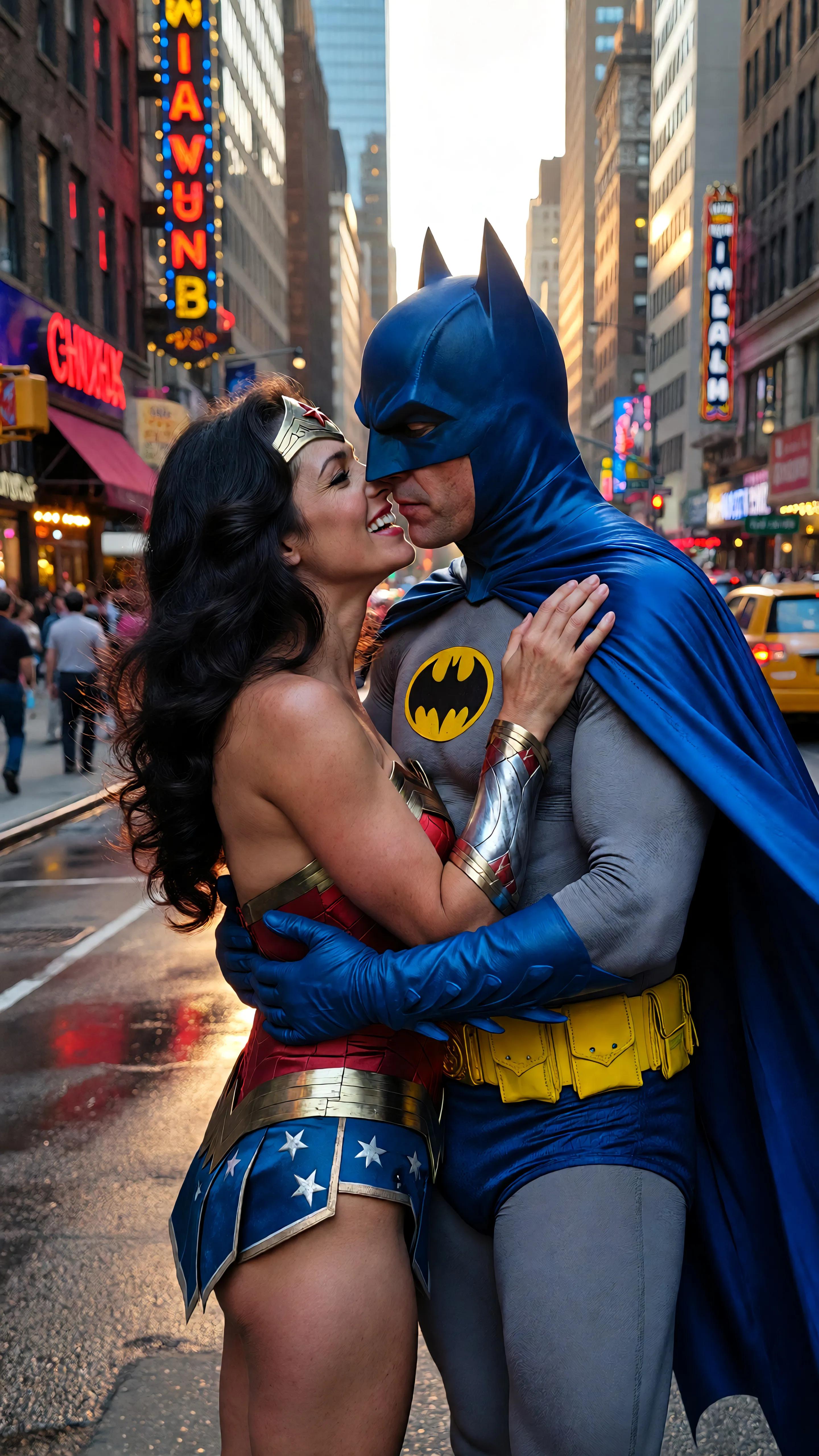 A highly detailed, photorealistic cinematic still from a 1970s superhero TV crossover episode, capturing Batman and Wonder Woman in a passionate embrace and kiss on a bustling Gotham City street at golden hour dusk. Batman, styled as Adam West with his iconic glossy blue bat-cowl featuring pointed ears and stark white eye lenses, blue cape flowing dramatically, form-fitting gray bodysuit with yellow oval Bat-symbol on chest, yellow utility belt with pouches, blue gloves and boots, muscular build, one arm wrapped firmly around Wonder Woman's bare back, the other hand gently on her shoulder, leaning in for the kiss. Wonder Woman, portrayed as Lynda Carter with long voluminous wavy raven-black hair cascading over shoulders, radiant blue eyes sparkling with joy, wide genuine smile with perfect white teeth, red star-embossed golden tiara, flawless porcelain skin, voluptuous figure in her classic costume: strapless red corset-style bustier adorned with intricate gold eagle emblem, matching red bottoms with white stars, wide gold power belt, bulging gold bullet-deflecting bracelets, red high-heeled boots with white stripes, blue star-spangled starfield skirt elements fluttering. She has both arms affectionately around Batman's neck, hands clasping behind his cowl, bodies pressed close in romantic tension. Background: narrow urban alleyway lined with towering Art Deco skyscrapers glowing in warm orange and purple twilight hues, yellow taxi cabs, wet pavement reflecting neon signs and streetlights, diverse 1970s crowd of onlookers including a man with shaggy brown hair and sideburns in tan leather jacket, another with glasses and afro, elderly man, young boy, women in flowy dresses, all blurred in shallow depth of field, dramatic volumetric lighting with lens flares, high contrast shadows, vibrant saturated colors—deep blues and grays for Batman, fiery reds and golds for Wonder Woman, cinematic 35mm film grain, ultra-high resolution, professional photography style, epic romantic superhero moment.