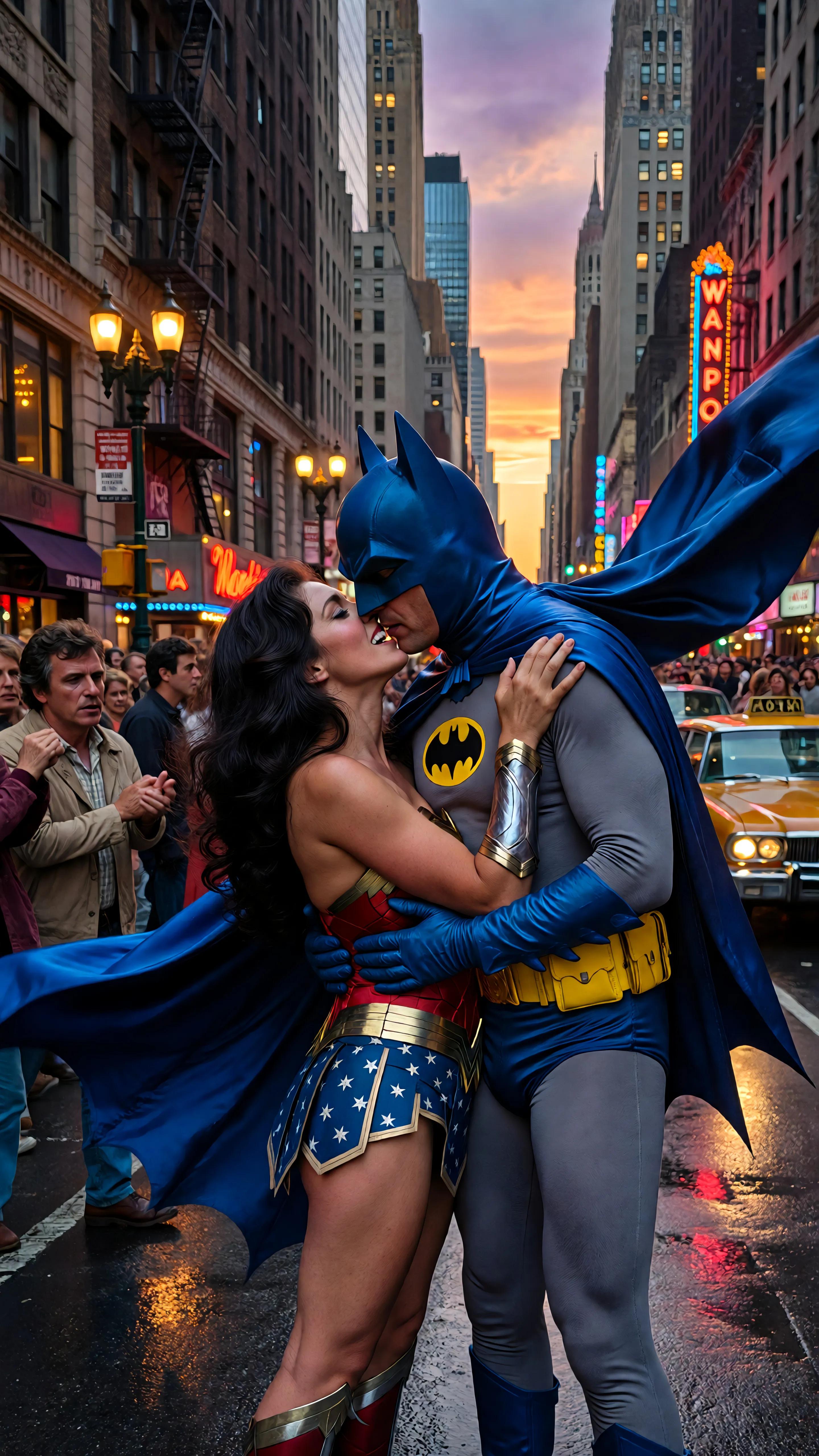 A highly detailed, photorealistic cinematic still from a 1970s superhero TV crossover episode, capturing Batman and Wonder Woman in a passionate embrace and kiss on a bustling Gotham City street at golden hour dusk. Batman, styled as Adam West with his iconic glossy blue bat-cowl featuring pointed ears and stark white eye lenses, blue cape flowing dramatically, form-fitting gray bodysuit with yellow oval Bat-symbol on chest, yellow utility belt with pouches, blue gloves and boots, muscular build, one arm wrapped firmly around Wonder Woman's bare back, the other hand gently on her shoulder, leaning in for the kiss. Wonder Woman, portrayed as Lynda Carter with long voluminous wavy raven-black hair cascading over shoulders, radiant blue eyes sparkling with joy, wide genuine smile with perfect white teeth, red star-embossed golden tiara, flawless porcelain skin, voluptuous figure in her classic costume: strapless red corset-style bustier adorned with intricate gold eagle emblem, matching red bottoms with white stars, wide gold power belt, bulging gold bullet-deflecting bracelets, red high-heeled boots with white stripes, blue star-spangled starfield skirt elements fluttering. She has both arms affectionately around Batman's neck, hands clasping behind his cowl, bodies pressed close in romantic tension. Background: narrow urban alleyway lined with towering Art Deco skyscrapers glowing in warm orange and purple twilight hues, yellow taxi cabs, wet pavement reflecting neon signs and streetlights, diverse 1970s crowd of onlookers including a man with shaggy brown hair and sideburns in tan leather jacket, another with glasses and afro, elderly man, young boy, women in flowy dresses, all blurred in shallow depth of field, dramatic volumetric lighting with lens flares, high contrast shadows, vibrant saturated colors—deep blues and grays for Batman, fiery reds and golds for Wonder Woman, cinematic 35mm film grain, ultra-high resolution, professional photography style, epic romantic superhero moment.