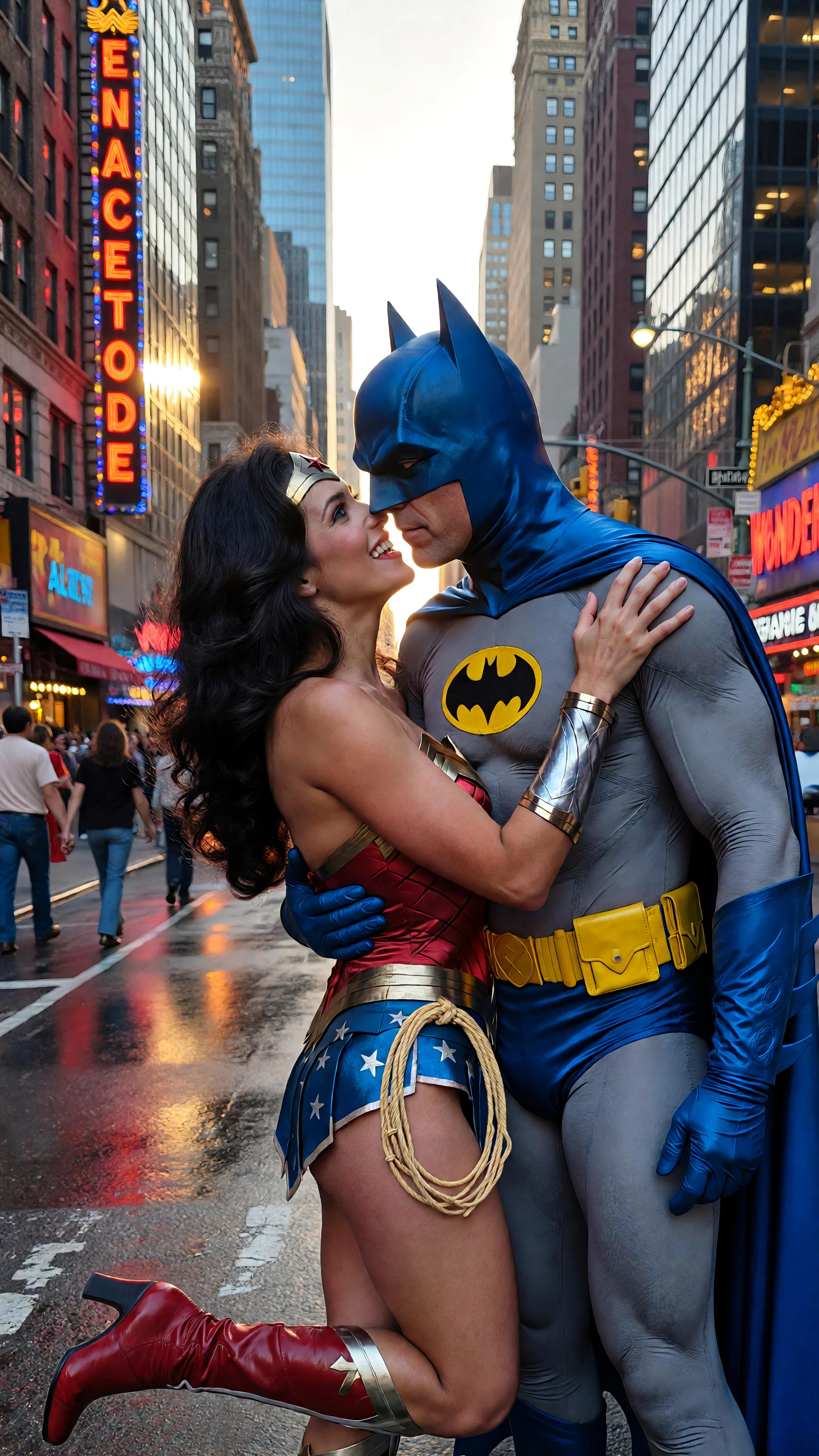 A highly detailed, photorealistic cinematic still from a 1970s superhero TV crossover episode, capturing Batman and Wonder Woman in a passionate embrace and kiss on a bustling Gotham City street at golden hour dusk. Batman, styled as Adam West with his iconic glossy blue bat-cowl featuring pointed ears and stark white eye lenses, blue cape flowing dramatically, form-fitting gray bodysuit with yellow oval Bat-symbol on chest, yellow utility belt with pouches, blue gloves and boots, muscular build, one arm wrapped firmly around Wonder Woman's bare back, the other hand gently on her shoulder, leaning in for the kiss. Wonder Woman, portrayed as Lynda Carter with long voluminous wavy raven-black hair cascading over shoulders, radiant blue eyes sparkling with joy, wide genuine smile with perfect white teeth, red star-embossed golden tiara, flawless porcelain skin, voluptuous figure in her classic costume: strapless red corset-style bustier adorned with intricate gold eagle emblem, matching red bottoms with white stars, wide gold power belt, bulging gold bullet-deflecting bracelets, red high-heeled boots with white stripes, blue star-spangled starfield skirt elements fluttering. She has both arms affectionately around Batman's neck, hands clasping behind his cowl, bodies pressed close in romantic tension. Background: narrow urban alleyway lined with towering Art Deco skyscrapers glowing in warm orange and purple twilight hues, yellow taxi cabs, wet pavement reflecting neon signs and streetlights, diverse 1970s crowd of onlookers including a man with shaggy brown hair and sideburns in tan leather jacket, another with glasses and afro, elderly man, young boy, women in flowy dresses, all blurred in shallow depth of field, dramatic volumetric lighting with lens flares, high contrast shadows, vibrant saturated colors—deep blues and grays for Batman, fiery reds and golds for Wonder Woman, cinematic 35mm film grain, ultra-high resolution, professional photography style, epic romantic superhero moment.