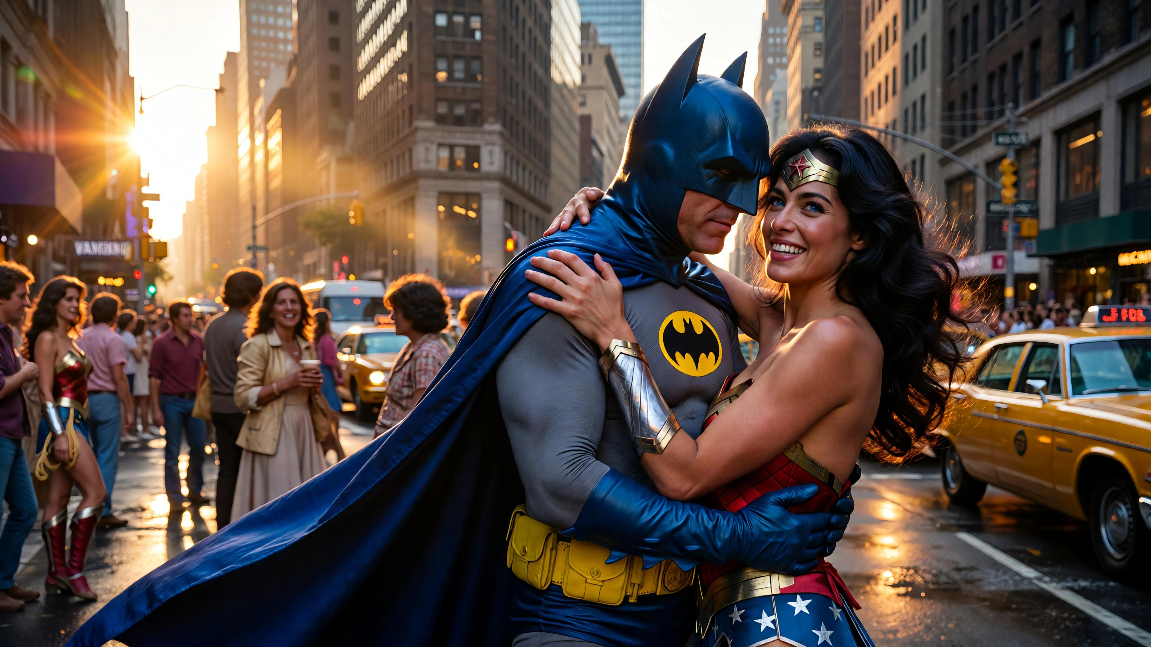 A highly detailed, photorealistic cinematic still from a 1970s superhero TV crossover episode, capturing Batman and Wonder Woman in a passionate embrace and kiss on a bustling Gotham City street at golden hour dusk. Batman, styled as Adam West with his iconic glossy blue bat-cowl featuring pointed ears and stark white eye lenses, blue cape flowing dramatically, form-fitting gray bodysuit with yellow oval Bat-symbol on chest, yellow utility belt with pouches, blue gloves and boots, muscular build, one arm wrapped firmly around Wonder Woman's bare back, the other hand gently on her shoulder, leaning in for the kiss. Wonder Woman, portrayed as Lynda Carter with long voluminous wavy raven-black hair cascading over shoulders, radiant blue eyes sparkling with joy, wide genuine smile with perfect white teeth, red star-embossed golden tiara, flawless porcelain skin, voluptuous figure in her classic costume: strapless red corset-style bustier adorned with intricate gold eagle emblem, matching red bottoms with white stars, wide gold power belt, bulging gold bullet-deflecting bracelets, red high-heeled boots with white stripes, blue star-spangled starfield skirt elements fluttering. She has both arms affectionately around Batman's neck, hands clasping behind his cowl, bodies pressed close in romantic tension. Background: narrow urban alleyway lined with towering Art Deco skyscrapers glowing in warm orange and purple twilight hues, yellow taxi cabs, wet pavement reflecting neon signs and streetlights, diverse 1970s crowd of onlookers including a man with shaggy brown hair and sideburns in tan leather jacket, another with glasses and afro, elderly man, young boy, women in flowy dresses, all blurred in shallow depth of field, dramatic volumetric lighting with lens flares, high contrast shadows, vibrant saturated colors—deep blues and grays for Batman, fiery reds and golds for Wonder Woman, cinematic 35mm film grain, ultra-high resolution, professional photography style, epic romantic superhero moment.