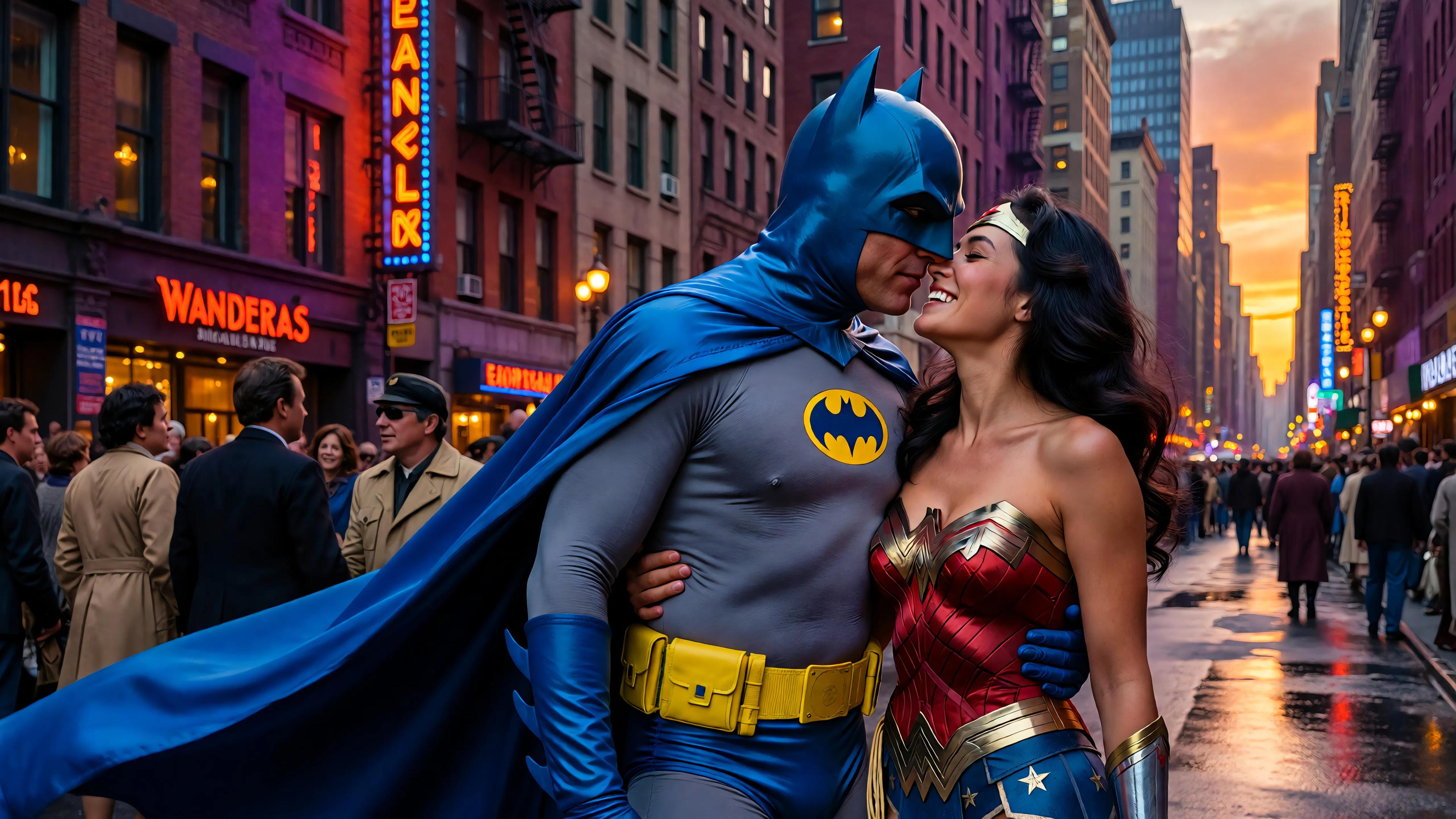 A highly detailed, photorealistic cinematic still from a 1970s superhero TV crossover episode, capturing Batman and Wonder Woman in a passionate embrace and kiss on a bustling Gotham City street at golden hour dusk. Batman, styled as Adam West with his iconic glossy blue bat-cowl featuring pointed ears and stark white eye lenses, blue cape flowing dramatically, form-fitting gray bodysuit with yellow oval Bat-symbol on chest, yellow utility belt with pouches, blue gloves and boots, muscular build, one arm wrapped firmly around Wonder Woman's bare back, the other hand gently on her shoulder, leaning in for the kiss. Wonder Woman, portrayed as Lynda Carter with long voluminous wavy raven-black hair cascading over shoulders, radiant blue eyes sparkling with joy, wide genuine smile with perfect white teeth, red star-embossed golden tiara, flawless porcelain skin, voluptuous figure in her classic costume: strapless red corset-style bustier adorned with intricate gold eagle emblem, matching red bottoms with white stars, wide gold power belt, bulging gold bullet-deflecting bracelets, red high-heeled boots with white stripes, blue star-spangled starfield skirt elements fluttering. She has both arms affectionately around Batman's neck, hands clasping behind his cowl, bodies pressed close in romantic tension. Background: narrow urban alleyway lined with towering Art Deco skyscrapers glowing in warm orange and purple twilight hues, yellow taxi cabs, wet pavement reflecting neon signs and streetlights, diverse 1970s crowd of onlookers including a man with shaggy brown hair and sideburns in tan leather jacket, another with glasses and afro, elderly man, young boy, women in flowy dresses, all blurred in shallow depth of field, dramatic volumetric lighting with lens flares, high contrast shadows, vibrant saturated colors—deep blues and grays for Batman, fiery reds and golds for Wonder Woman, cinematic 35mm film grain, ultra-high resolution, professional photography style, epic romantic superhero moment.