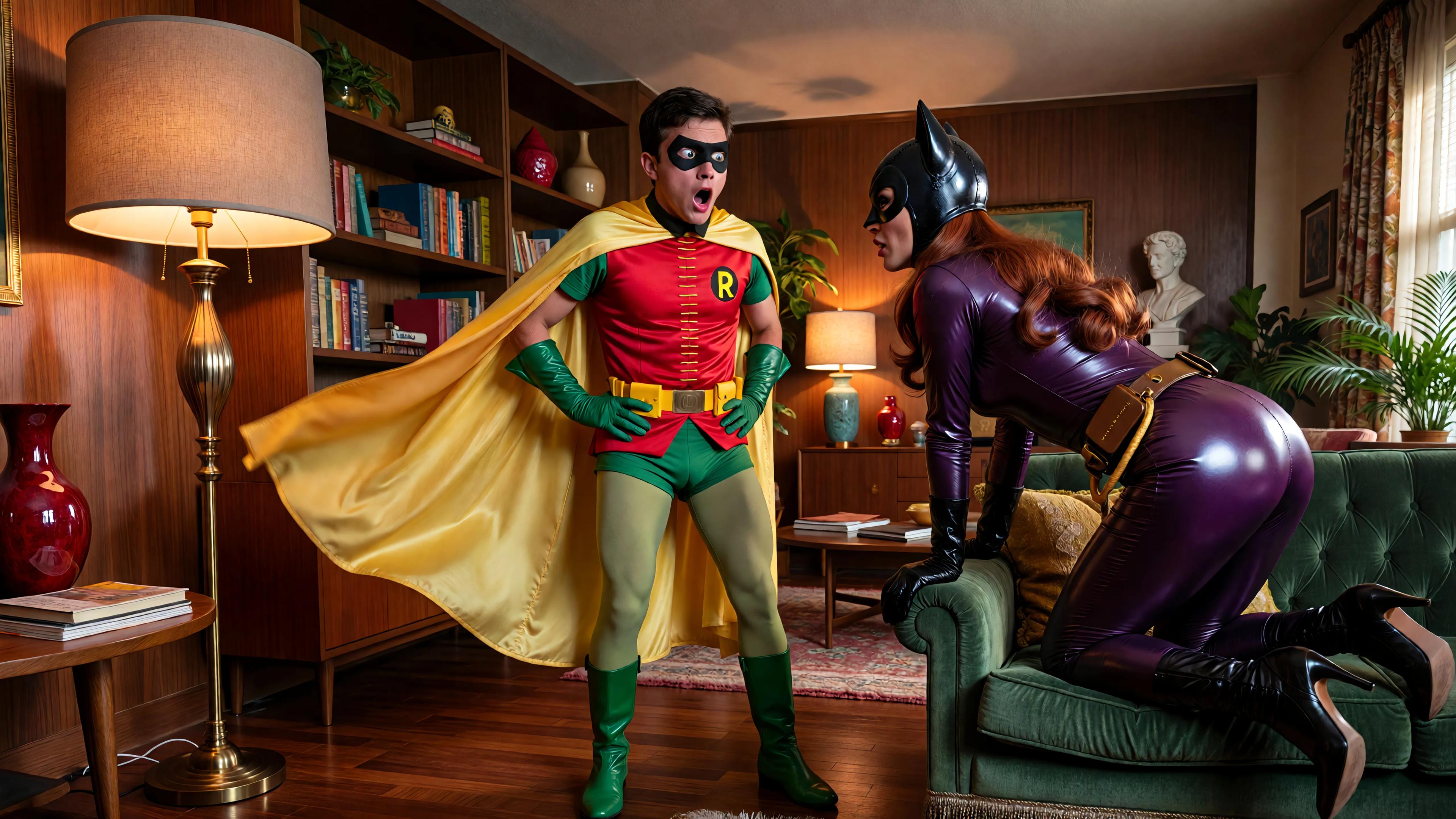 A highly detailed, photorealistic recreation of a 1960s live-action Batman TV series scene in a cozy mid-century modern living room with warm indoor lighting from a tall floor lamp with a beige shade casting soft shadows. In the foreground, a shocked young Robin (Burt Ward likeness, slim athletic build, short black hair under black domino mask) stands with wide eyes and mouth agape in surprise, wearing his iconic costume: shiny red tunic with yellow bat emblem "R" on chest, green tights and briefs, yellow cape flowing behind, green gloves gripping hips, green boots on wooden floor. Directly in front of him, bending over the arm of a plush emerald green velvet sofa with wooden legs and a yellow cloth draped over the arm, is Catwoman (Julie Newmar likeness, voluptuous figure, long wavy red hair cascading down back) in a form-fitting glossy purple latex catsuit with black cat ears hood, gold belt and whip holster at waist, black clawed gloves, pointed black high-heeled boots, arched back emphasizing her curvaceous hips and rear as she glances back seductively over her shoulder. Background features tall wooden bookshelves filled with colorful books and a red glossy vase, a white marble bust on a shelf, potted green ferns, a small wooden desk with papers, beige armchair, large window with peach curtains revealing a dark exterior night, beige carpet edges, and pale blue walls. Vibrant 1960s color palette with high contrast, slight film grain, retro TV scan lines for authenticity, dynamic composition with Robin centered and Catwoman dominating the lower frame, ultra-detailed textures on fabrics, skin, leather, and furniture, 4K resolution, cinematic depth of field.