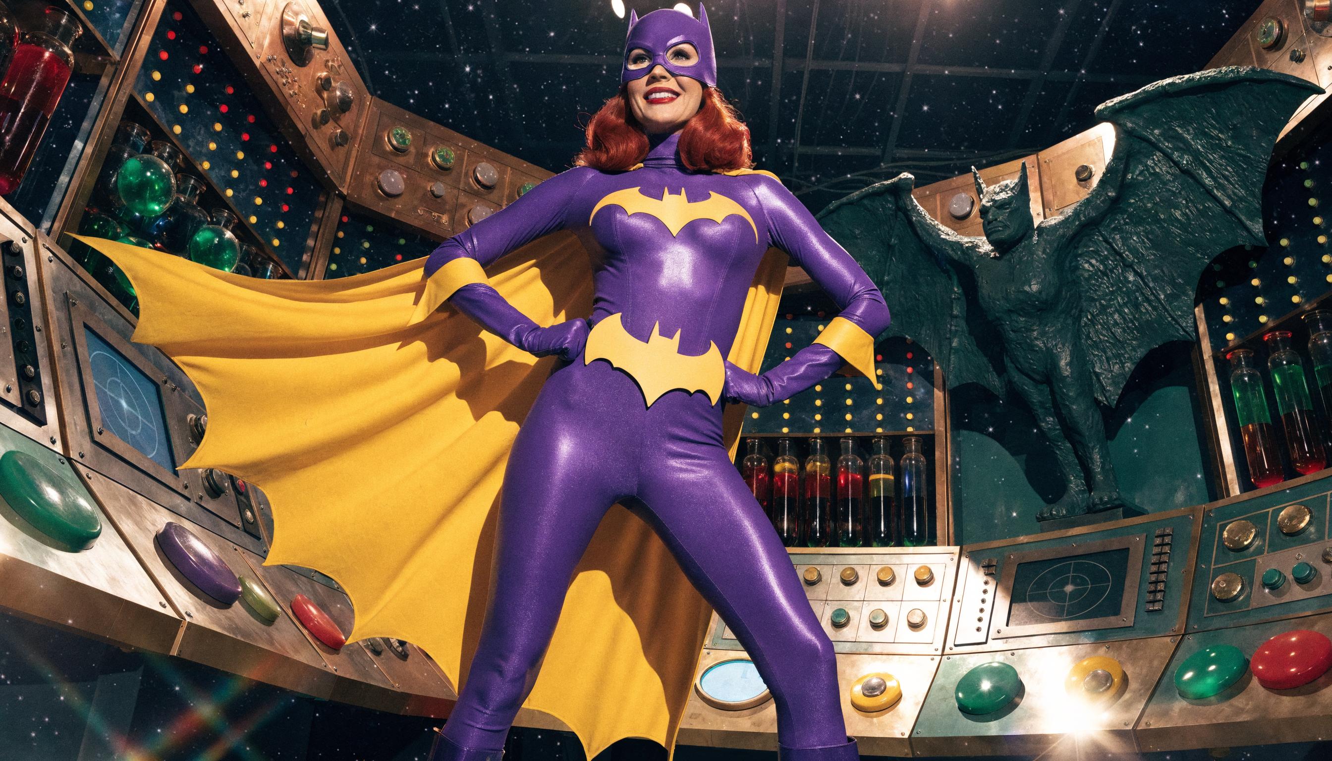 A highly detailed photorealistic recreation of a 1966 Batman TV series screenshot featuring Yvonne Craig as Batgirl in a dynamic heroic pose with hands on hips, standing confidently in the Batcave control room. She has a glamorous smiling face with bright red wavy hair peeking from under her purple cowl mask with white eye lenses, fair skin, bold red lips. Her iconic shiny purple latex bodysuit clings tightly to her athletic hourglass figure, featuring a large yellow bat emblem on the chest, purple gloves extending to elbows with yellow cuffs, yellow bat-shaped belt, yellow flowing cape billowing behind, and purple go-go boots. Vibrant campy 1960s pop art color palette with saturated purples, bright yellows, fiery reds, emerald greens, and turquoise accents. Background packed with futuristic angled control panels and consoles: glossy metallic surfaces with glowing dials, switches, levers, radar screens, blinking lights, bat motifs, a large bat gargoyle statue on the right, test tube racks, and oversized buttons in purple, green, red, and yellow. Dramatic theatrical lighting with high contrast shadows, lens flares, and a starry sparkle effect. Ultra-high resolution, sharp focus, cinematic composition, glossy film grain, 4K, reminiscent of ABC Batman show's bold comic-book style.