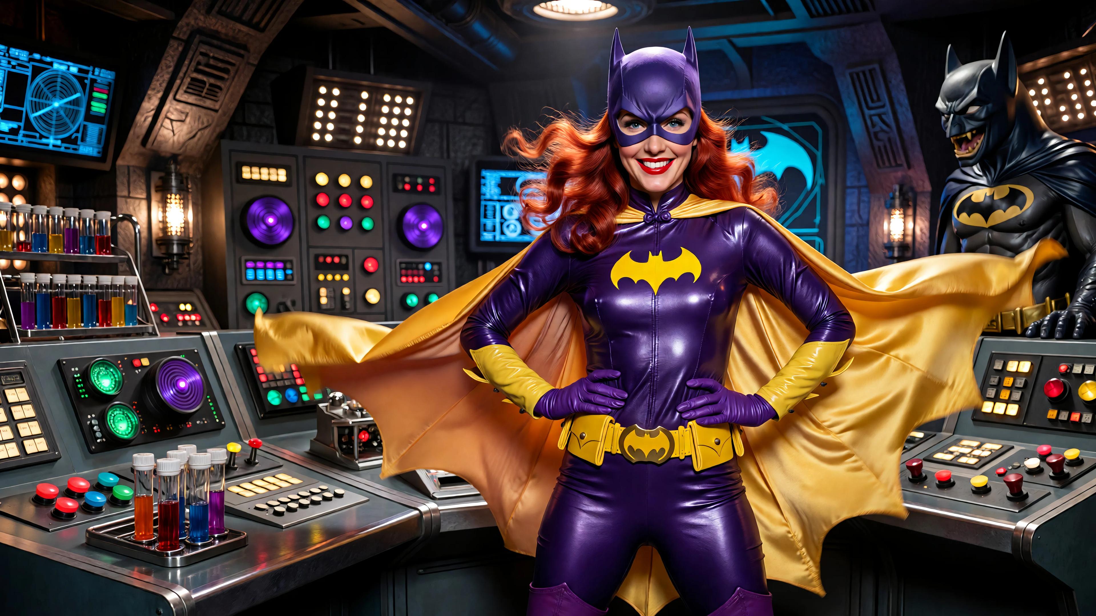 A highly detailed photorealistic recreation of a 1966 Batman TV series screenshot featuring Yvonne Craig as Batgirl in a dynamic heroic pose with hands on hips, standing confidently in the Batcave control room. She has a glamorous smiling face with bright red wavy hair peeking from under her purple cowl mask with white eye lenses, fair skin, bold red lips. Her iconic shiny purple latex bodysuit clings tightly to her athletic hourglass figure, featuring a large yellow bat emblem on the chest, purple gloves extending to elbows with yellow cuffs, yellow bat-shaped belt, yellow flowing cape billowing behind, and purple go-go boots. Vibrant campy 1960s pop art color palette with saturated purples, bright yellows, fiery reds, emerald greens, and turquoise accents. Background packed with futuristic angled control panels and consoles: glossy metallic surfaces with glowing dials, switches, levers, radar screens, blinking lights, bat motifs, a large bat gargoyle statue on the right, test tube racks, and oversized buttons in purple, green, red, and yellow. Dramatic theatrical lighting with high contrast shadows, lens flares, and a starry sparkle effect. Ultra-high resolution, sharp focus, cinematic composition, glossy film grain, 4K, reminiscent of ABC Batman show's bold comic-book style.