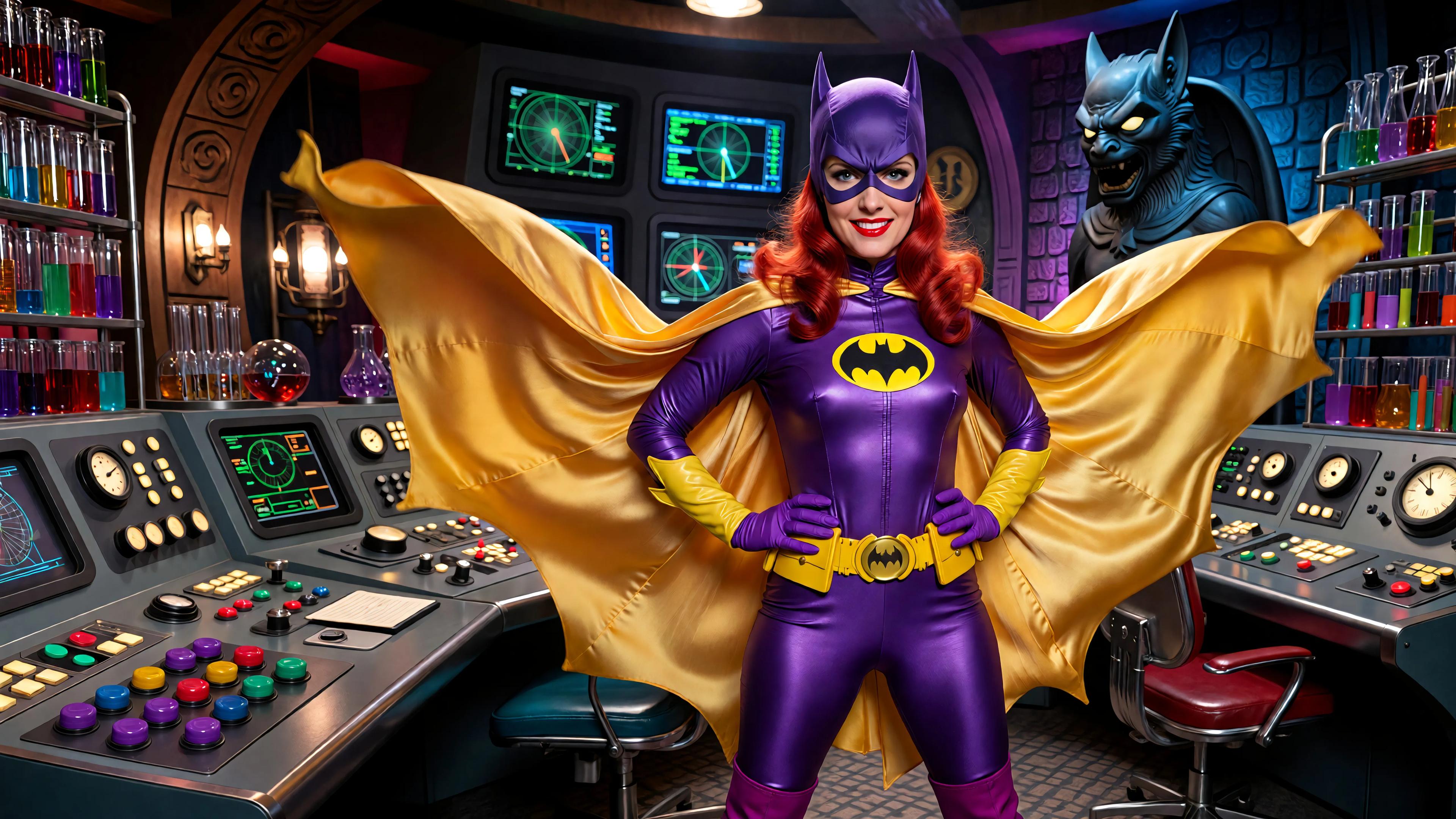 A highly detailed photorealistic recreation of a 1966 Batman TV series screenshot featuring Yvonne Craig as Batgirl in a dynamic heroic pose with hands on hips, standing confidently in the Batcave control room. She has a glamorous smiling face with bright red wavy hair peeking from under her purple cowl mask with white eye lenses, fair skin, bold red lips. Her iconic shiny purple latex bodysuit clings tightly to her athletic hourglass figure, featuring a large yellow bat emblem on the chest, purple gloves extending to elbows with yellow cuffs, yellow bat-shaped belt, yellow flowing cape billowing behind, and purple go-go boots. Vibrant campy 1960s pop art color palette with saturated purples, bright yellows, fiery reds, emerald greens, and turquoise accents. Background packed with futuristic angled control panels and consoles: glossy metallic surfaces with glowing dials, switches, levers, radar screens, blinking lights, bat motifs, a large bat gargoyle statue on the right, test tube racks, and oversized buttons in purple, green, red, and yellow. Dramatic theatrical lighting with high contrast shadows, lens flares, and a starry sparkle effect. Ultra-high resolution, sharp focus, cinematic composition, glossy film grain, 4K, reminiscent of ABC Batman show's bold comic-book style.