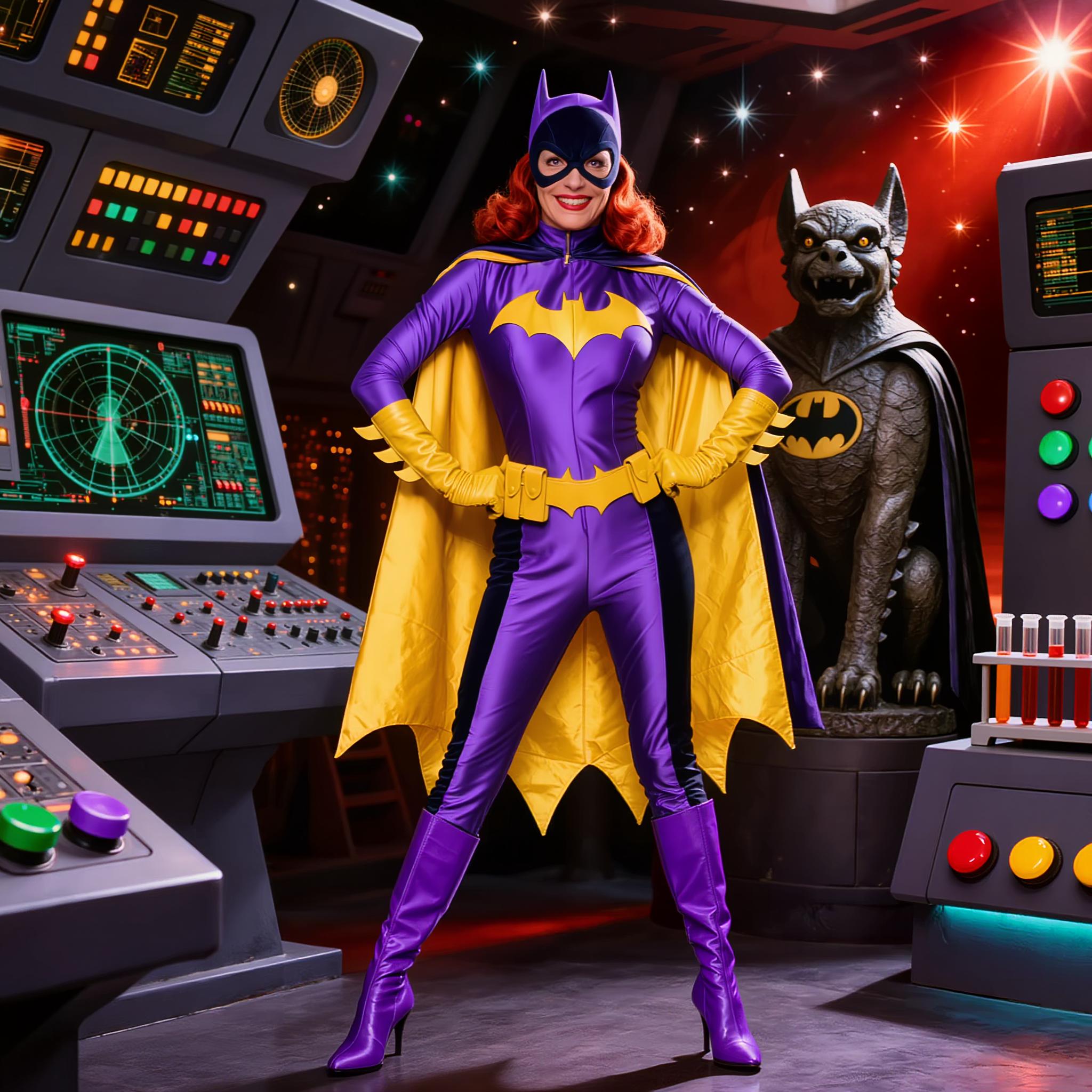 A highly detailed photorealistic recreation of a 1966 Batman TV series screenshot featuring Yvonne Craig as Batgirl in a dynamic heroic pose with hands on hips, standing confidently in the Batcave control room. She has a glamorous smiling face with bright red wavy hair peeking from under her purple cowl mask with white eye lenses, fair skin, bold red lips. Her iconic shiny purple latex bodysuit clings tightly to her athletic hourglass figure, featuring a large yellow bat emblem on the chest, purple gloves extending to elbows with yellow cuffs, yellow bat-shaped belt, yellow flowing cape billowing behind, and purple go-go boots. Vibrant campy 1960s pop art color palette with saturated purples, bright yellows, fiery reds, emerald greens, and turquoise accents. Background packed with futuristic angled control panels and consoles: glossy metallic surfaces with glowing dials, switches, levers, radar screens, blinking lights, bat motifs, a large bat gargoyle statue on the right, test tube racks, and oversized buttons in purple, green, red, and yellow. Dramatic theatrical lighting with high contrast shadows, lens flares, and a starry sparkle effect. Ultra-high resolution, sharp focus, cinematic composition, glossy film grain, 4K, reminiscent of ABC Batman show's bold comic-book style.